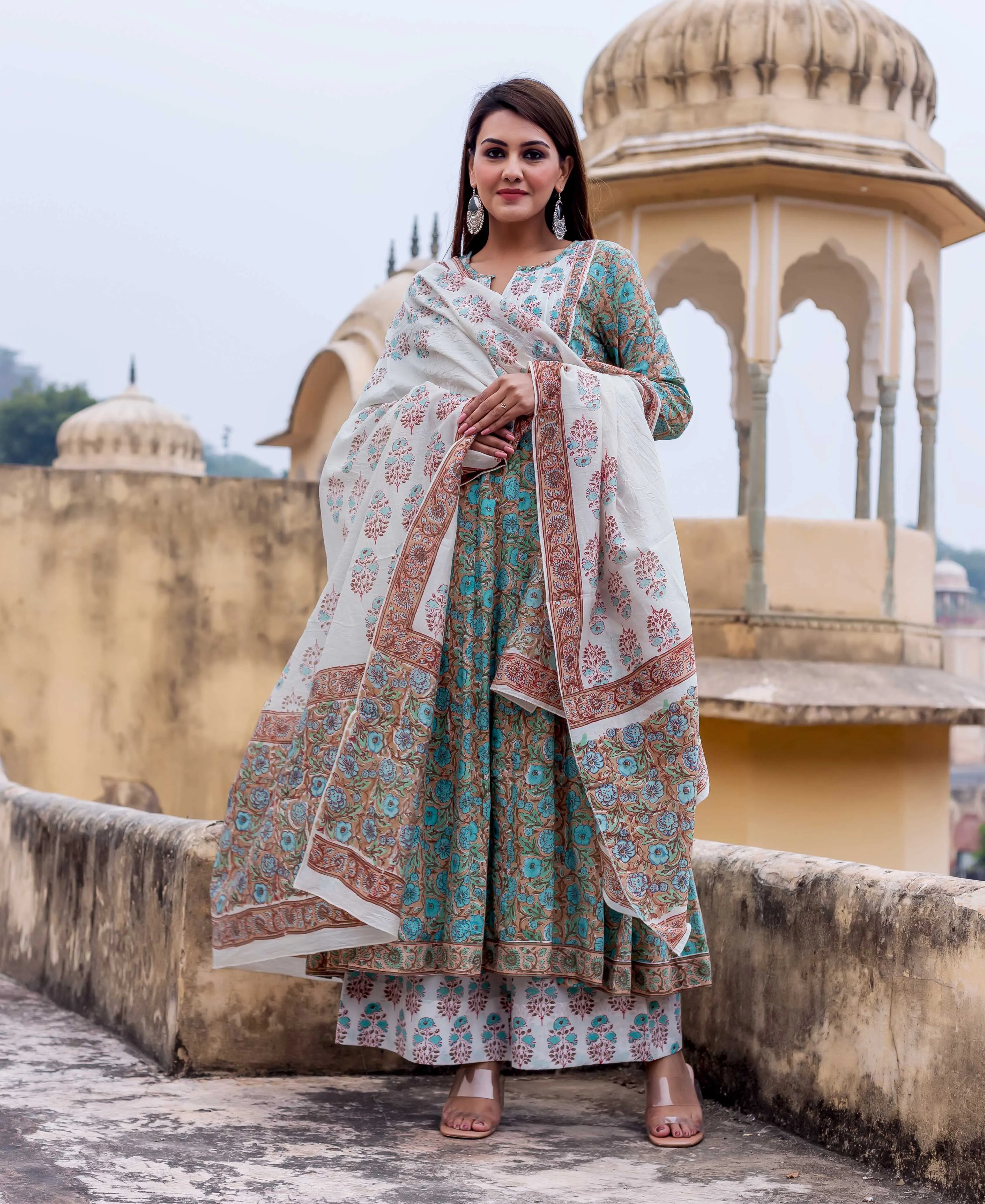 Emerald Green Block Printed Anarkali Kurta