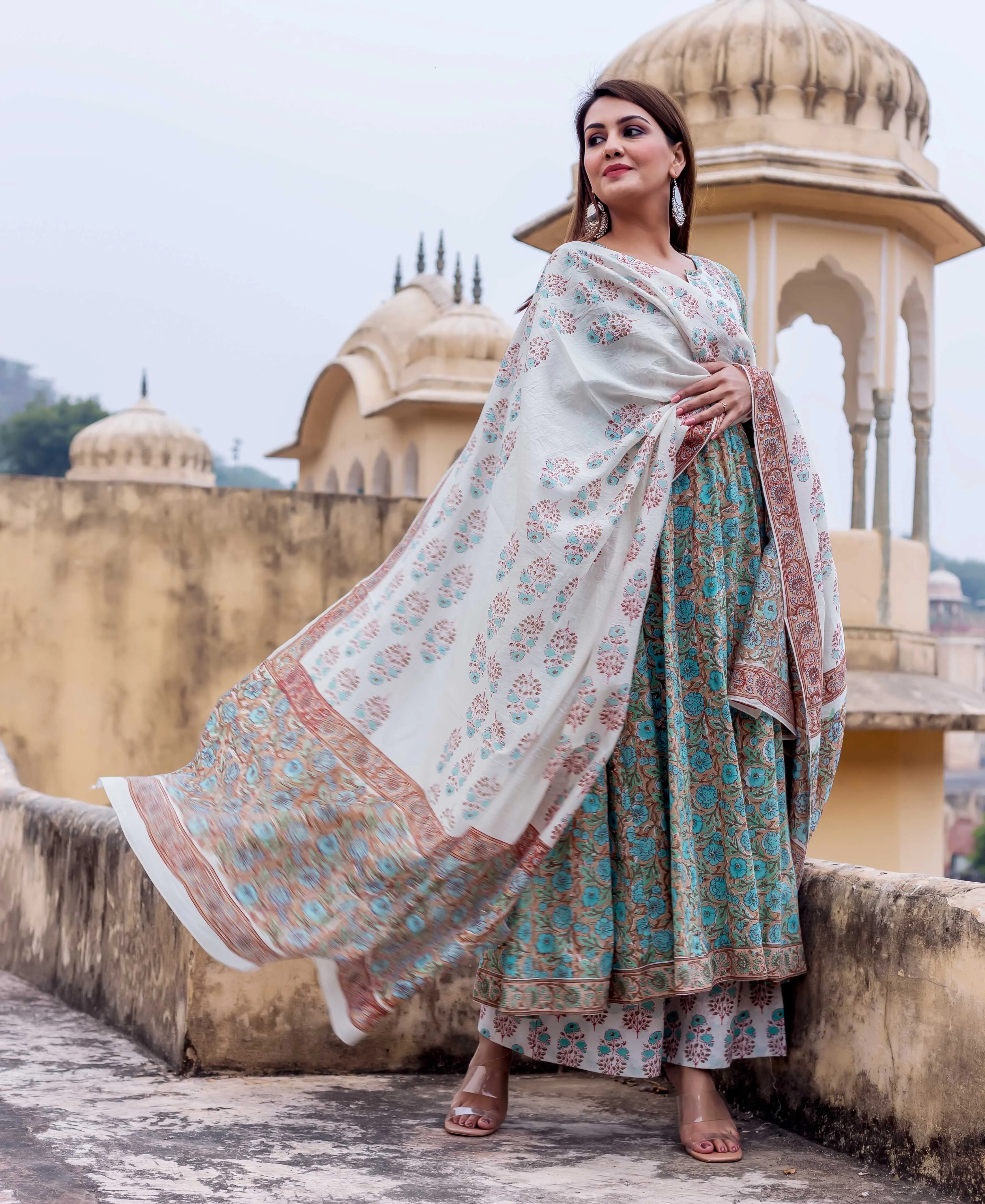 Emerald Green Block Printed Anarkali Kurta