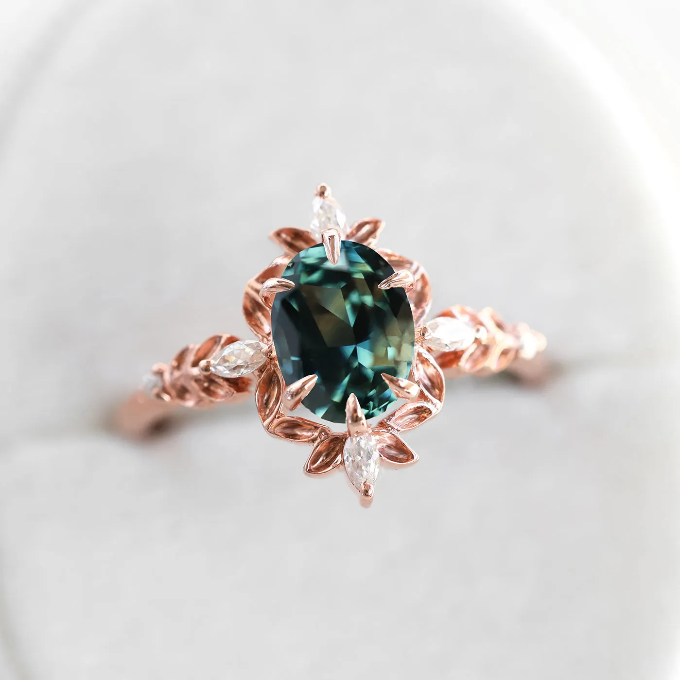 Enya Leaf Teal Sapphire Engagement Ring Whimsical Diamond Ring