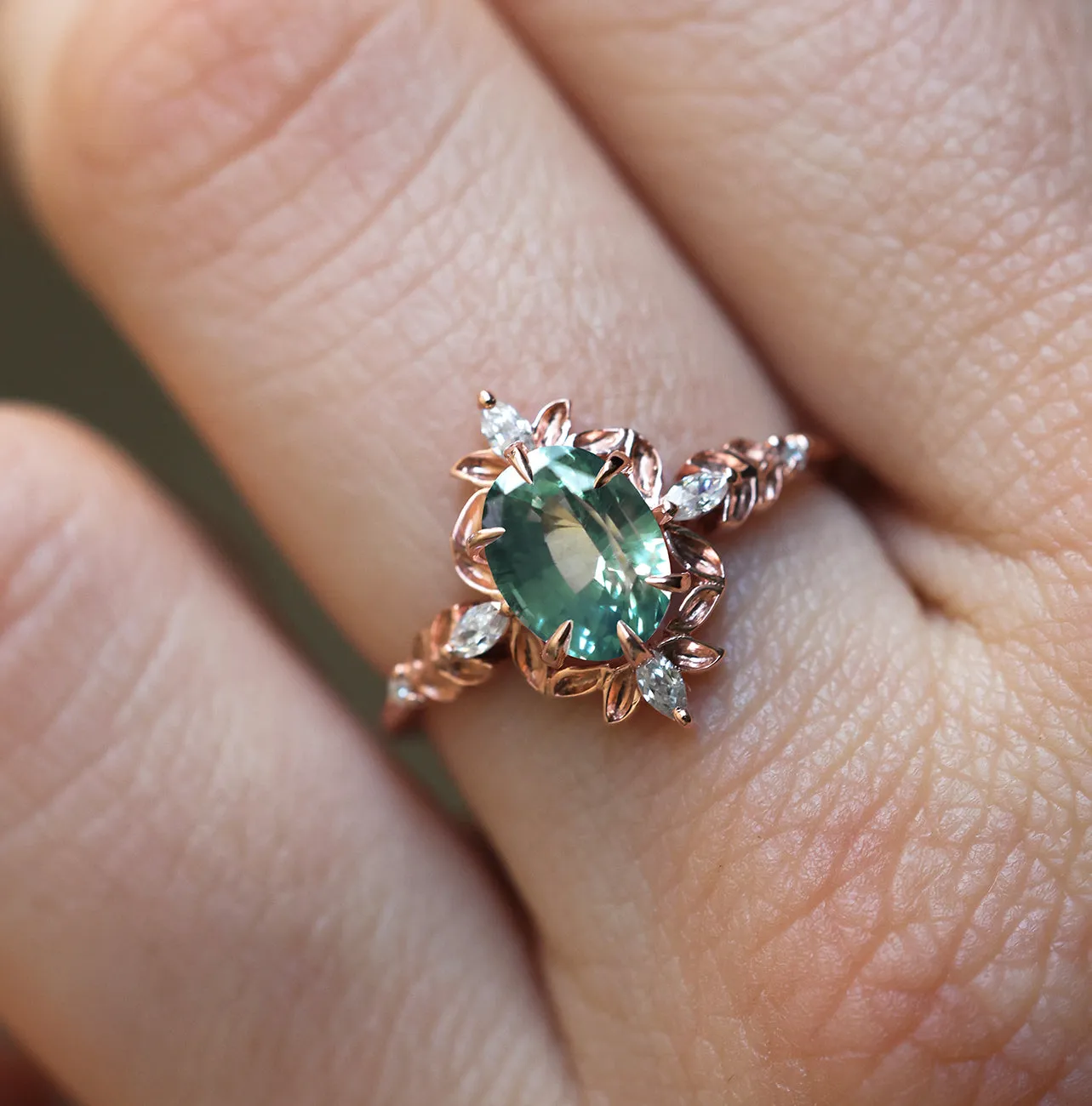 Enya Leaf Teal Sapphire Engagement Ring Whimsical Diamond Ring