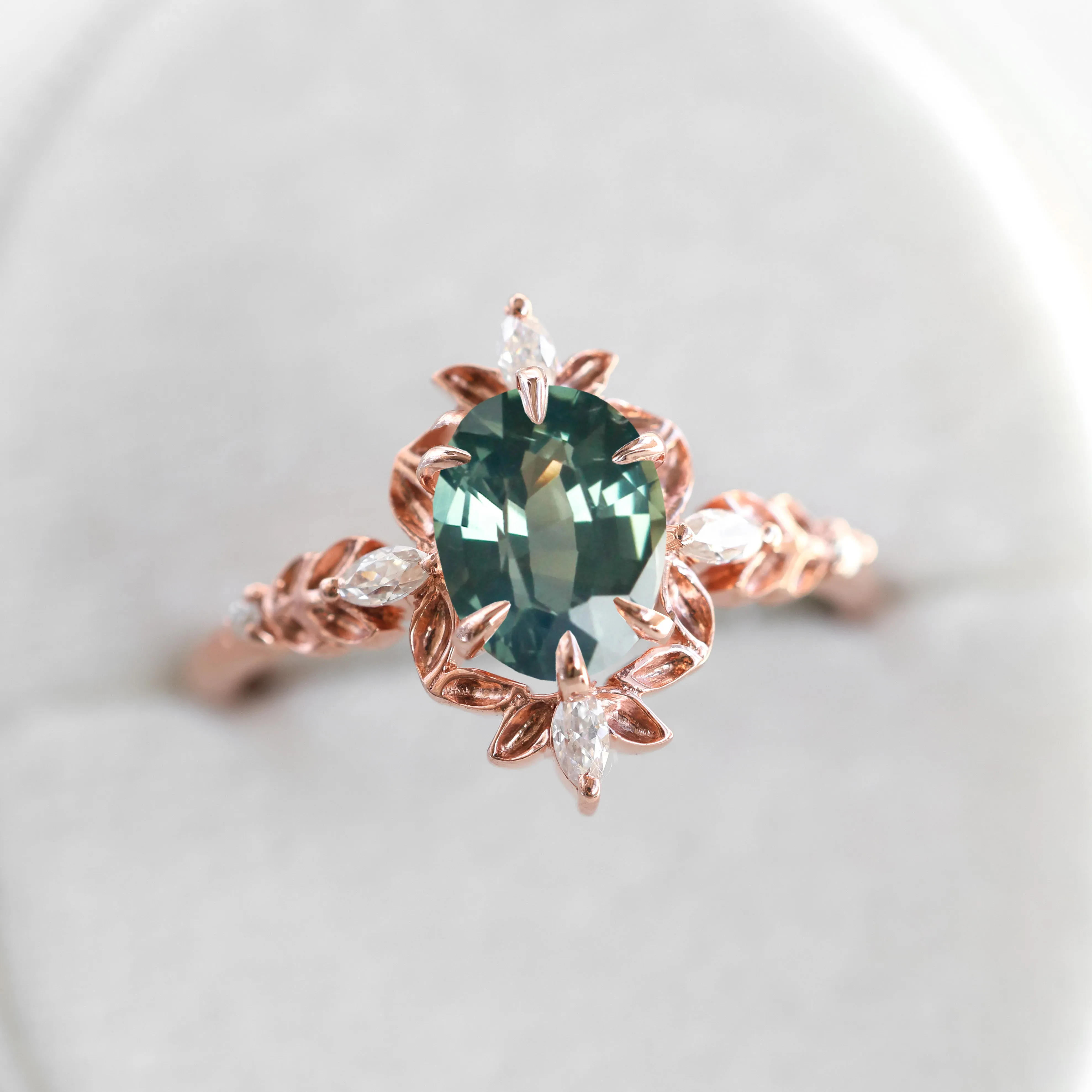 Enya Leaf Teal Sapphire Engagement Ring Whimsical Diamond Ring