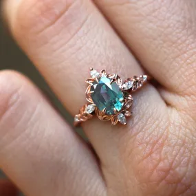 Enya Leaf Teal Sapphire Engagement Ring Whimsical Diamond Ring