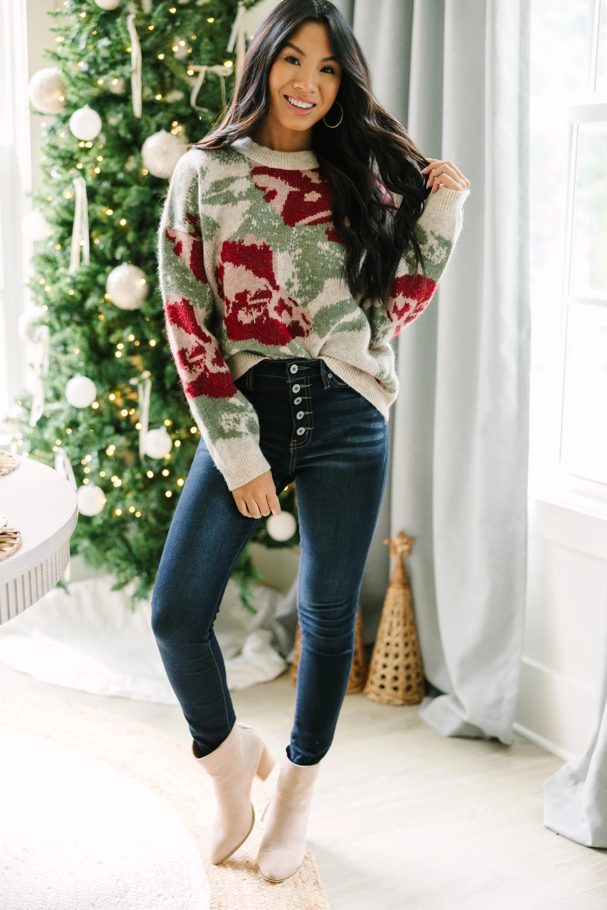 Feel The Fun Cream White Floral Sweater