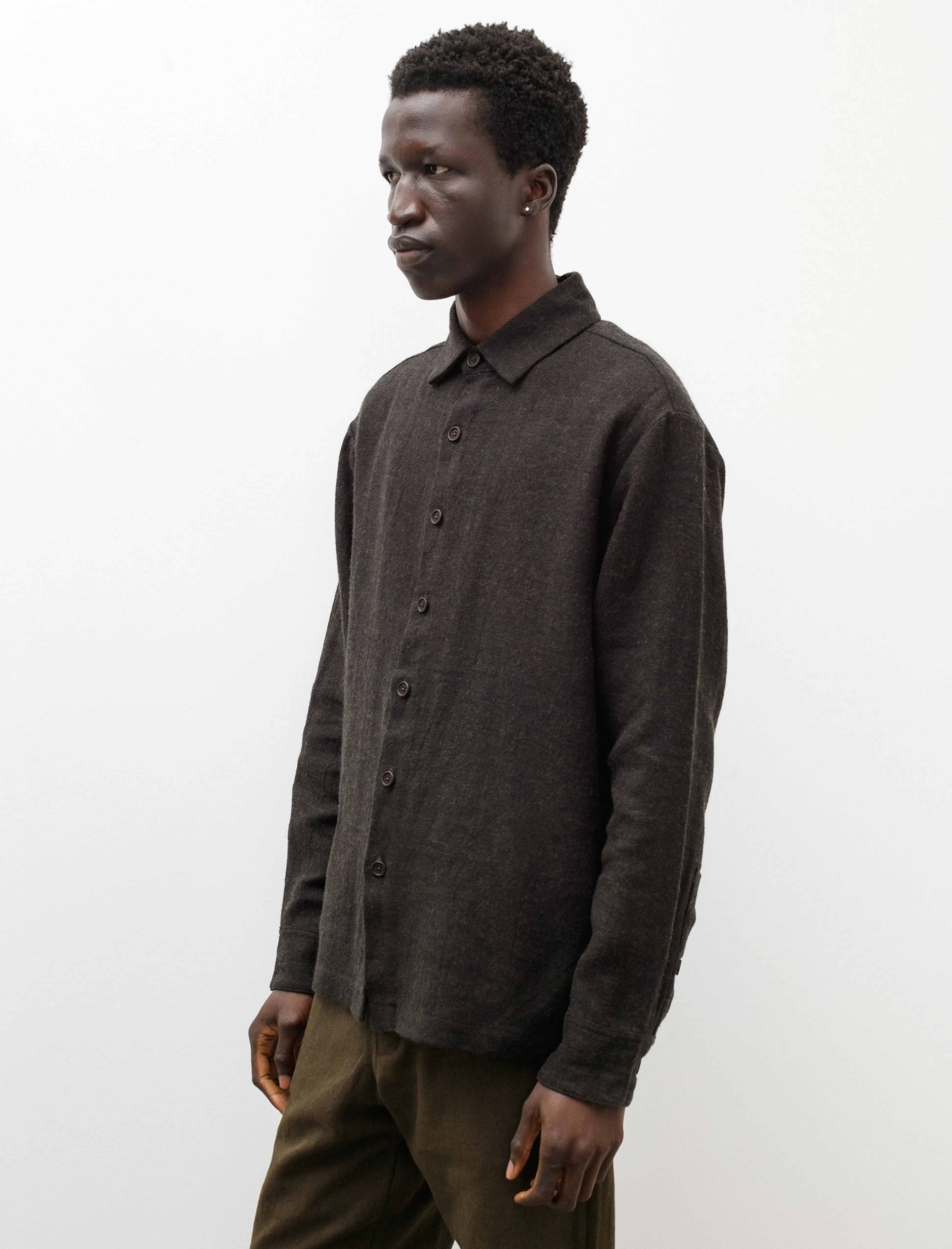 Flat Hem Shirt Brushed Linen Wool Dark Brown