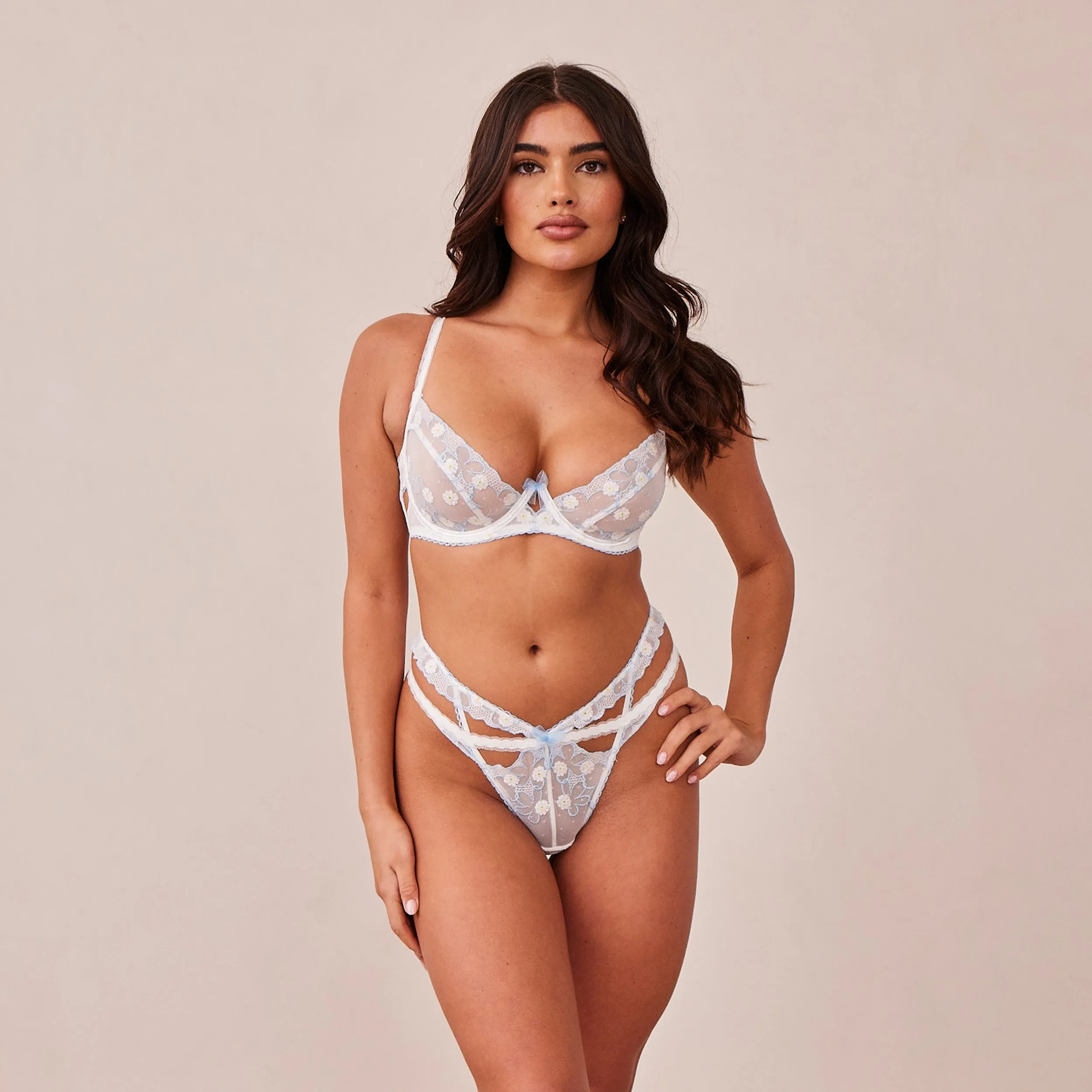 Fleur Balcony Bra  - White & Blue