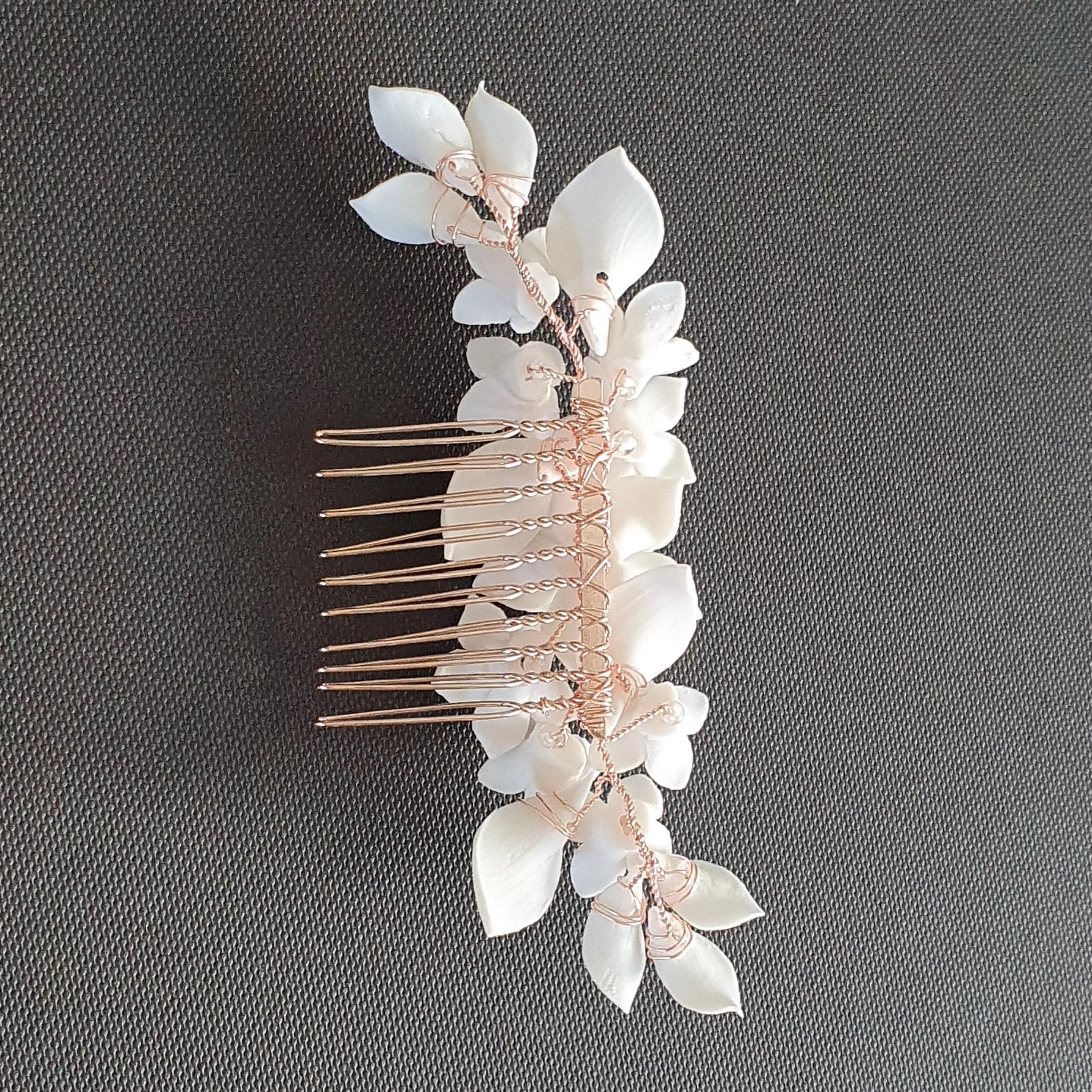 Floral Hair Comb For Brides in Rose Gold- Snow Drops