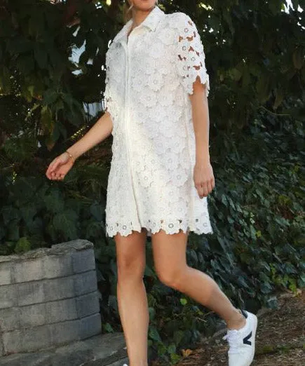 Floral Lace Button Down Collared A-Line Dress - Off White