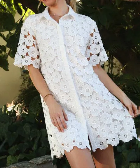 Floral Lace Button Down Collared A-Line Dress - Off White