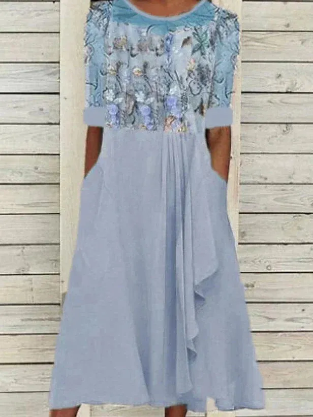 Floral Patchwork Vintage Midi Dress with Half Sleeves