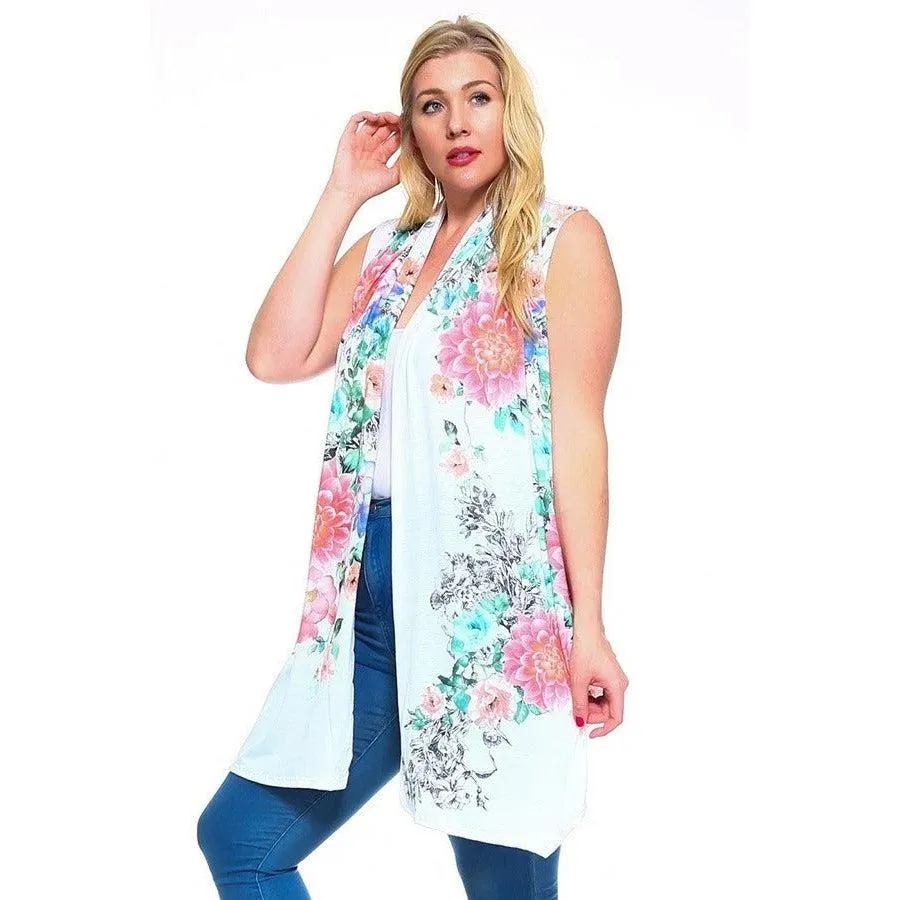 Floral Print, Open Front Vest With An Asymmetric Hem.