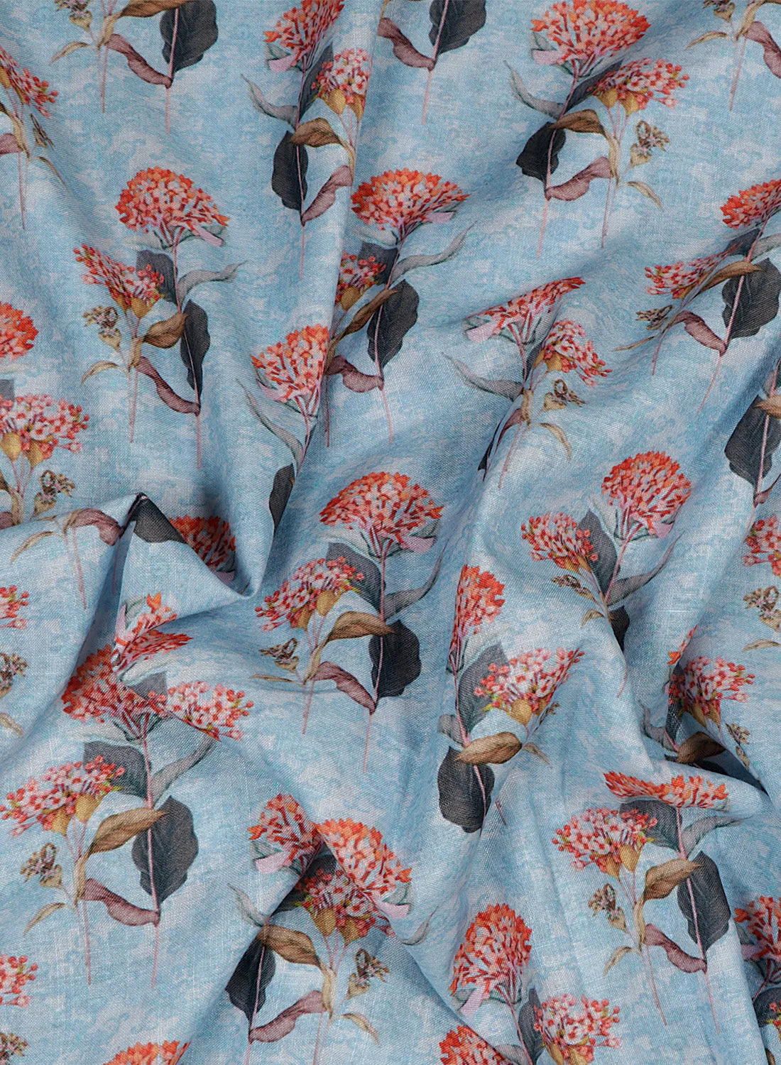 Floral printed Sky Blue and Orange Cotton Linen Blend Fabric