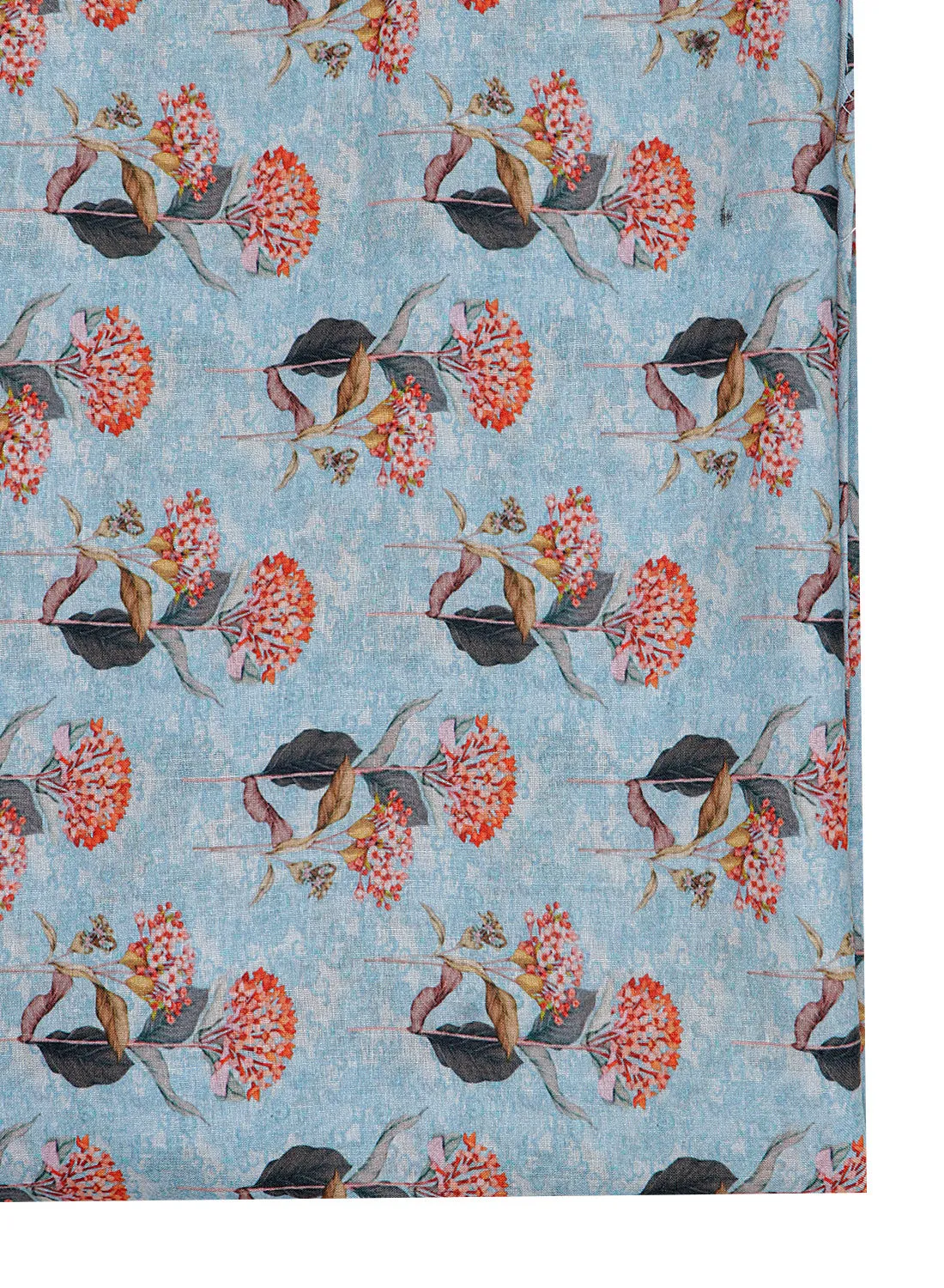 Floral printed Sky Blue and Orange Cotton Linen Blend Fabric