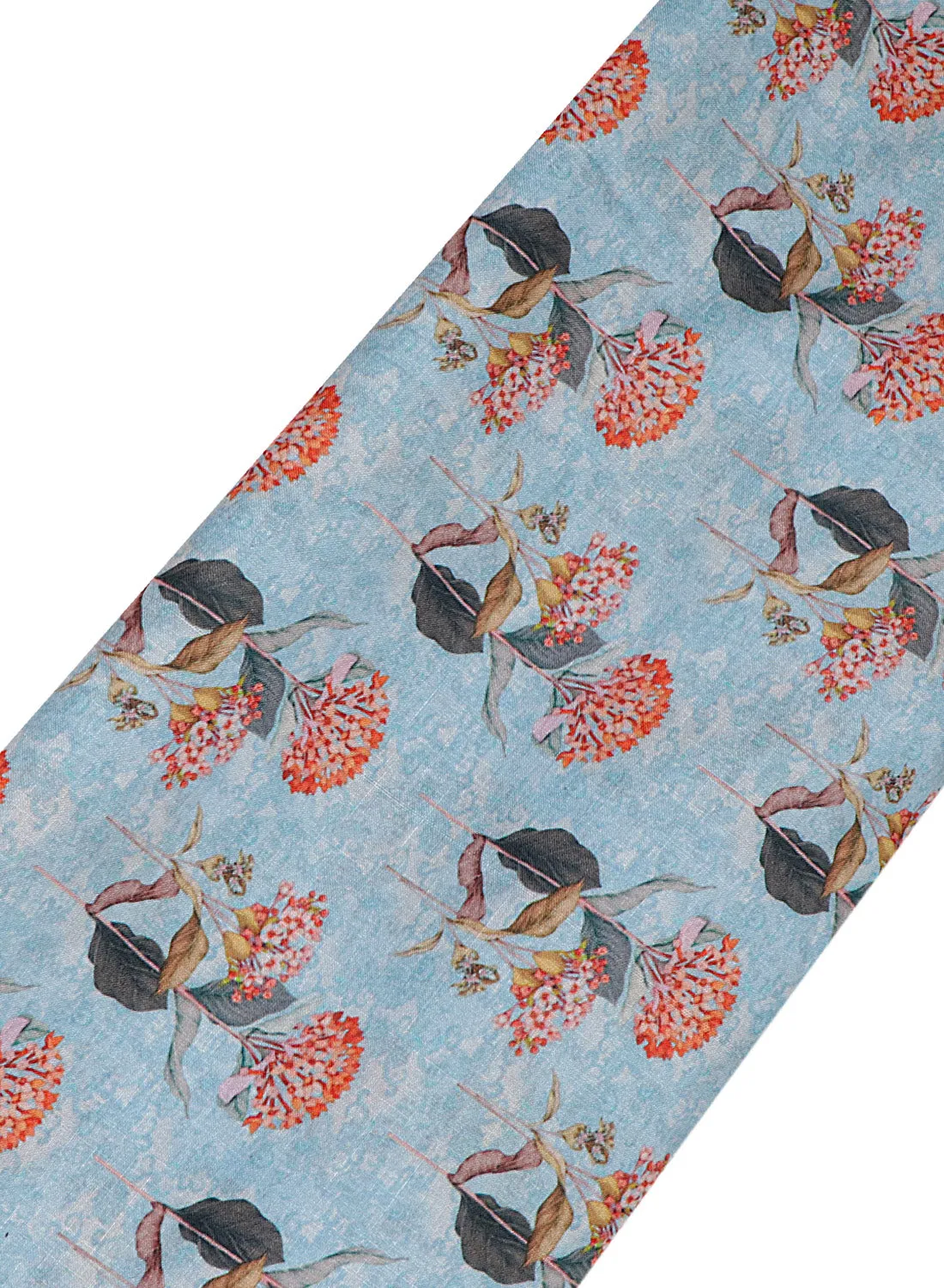 Floral printed Sky Blue and Orange Cotton Linen Blend Fabric