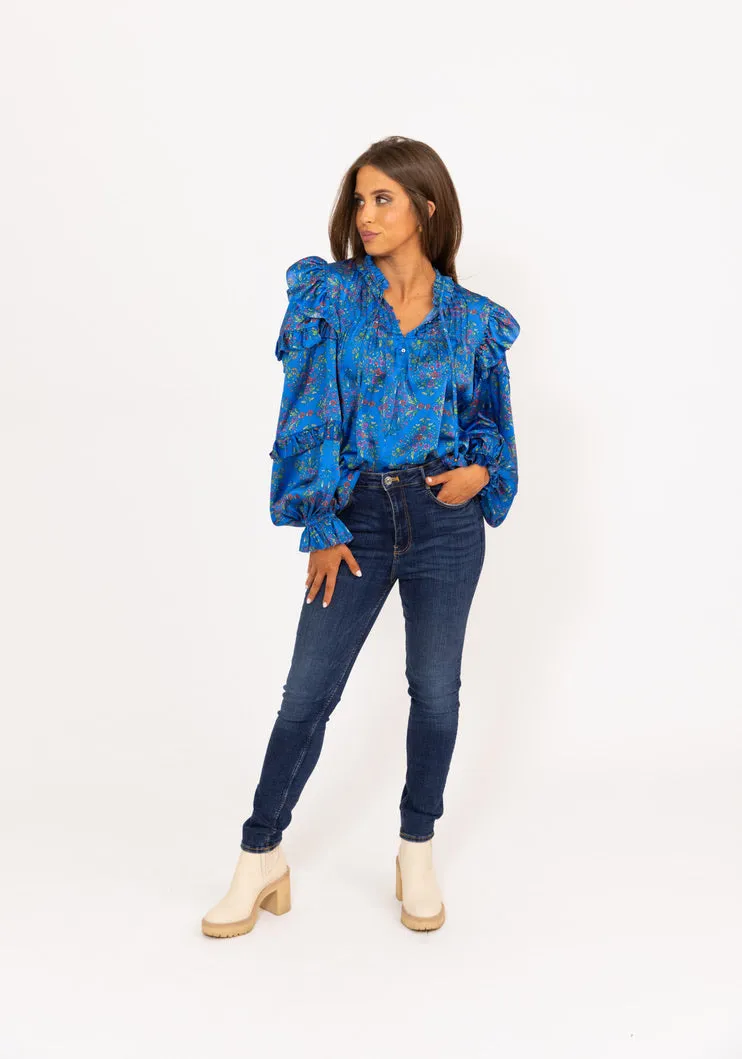 Floral Satin Ruffle Sleeve Top