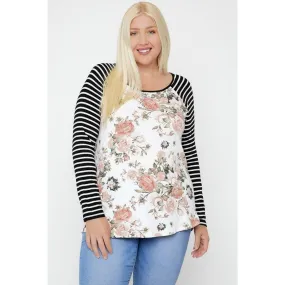 Floral Top Featuring Raglan Style Striped Sleeves And A Round Neck