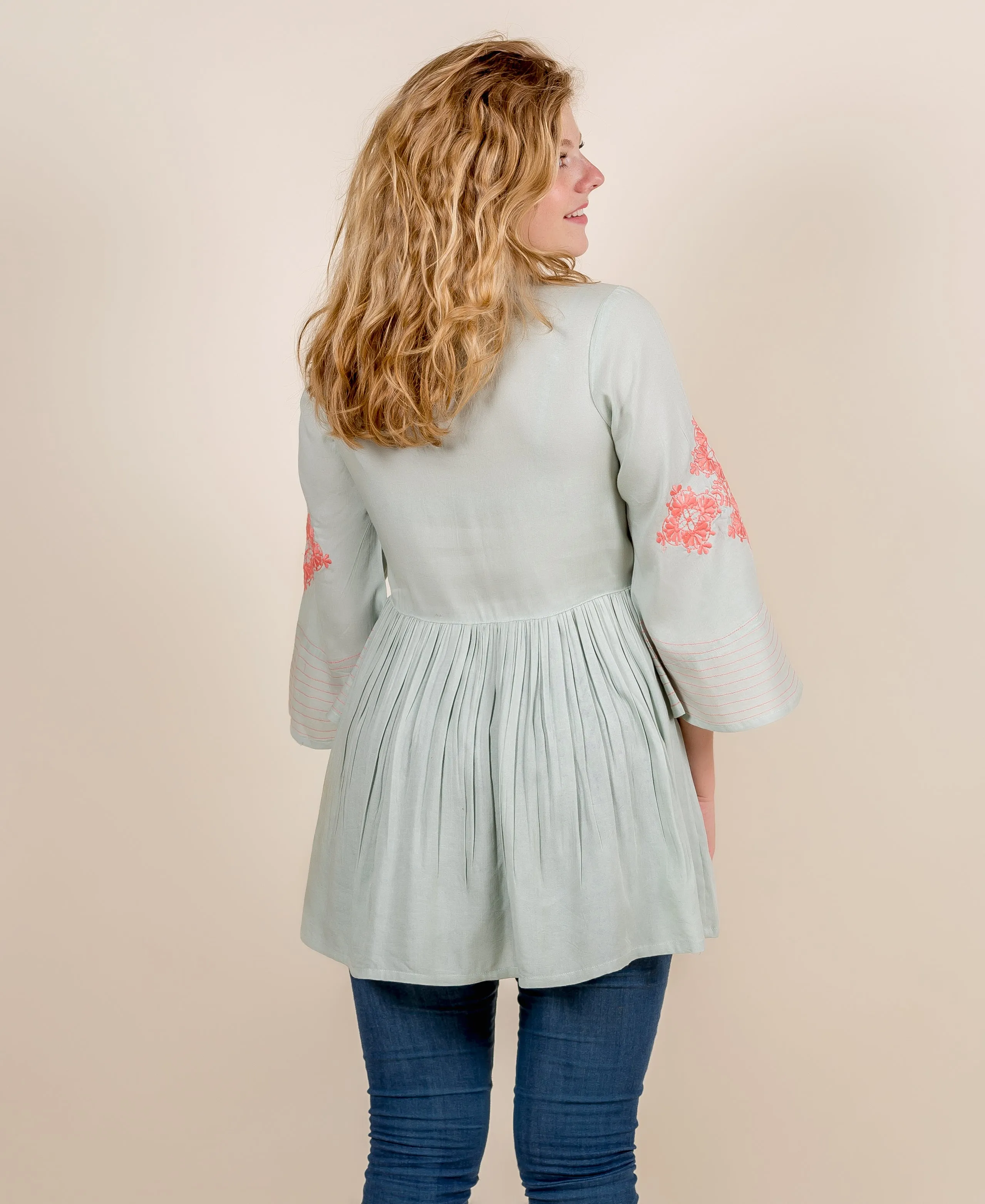 Front Body Top In Mint Green With Peach Embroidery