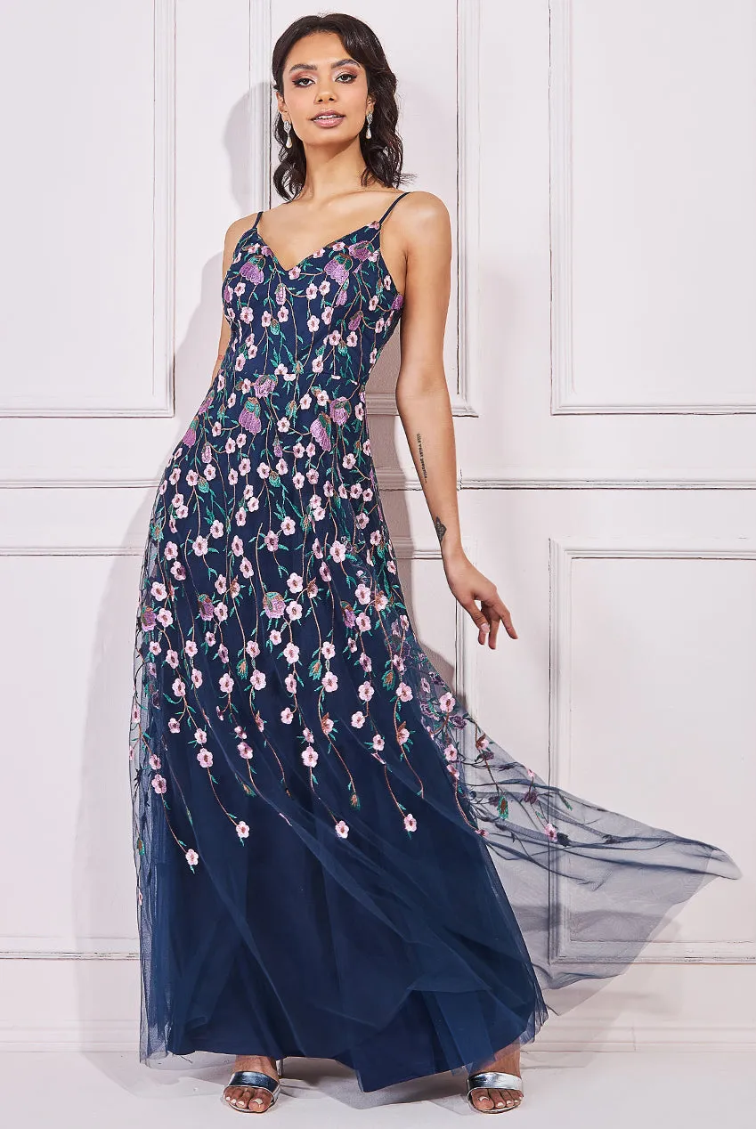 Goddiva Sleeveless Floral Mesh Maxi Dress