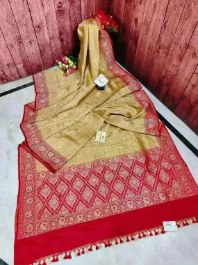 Golden Yellow Color Double Katan Tanchoi Banarasi with Meenakari Work