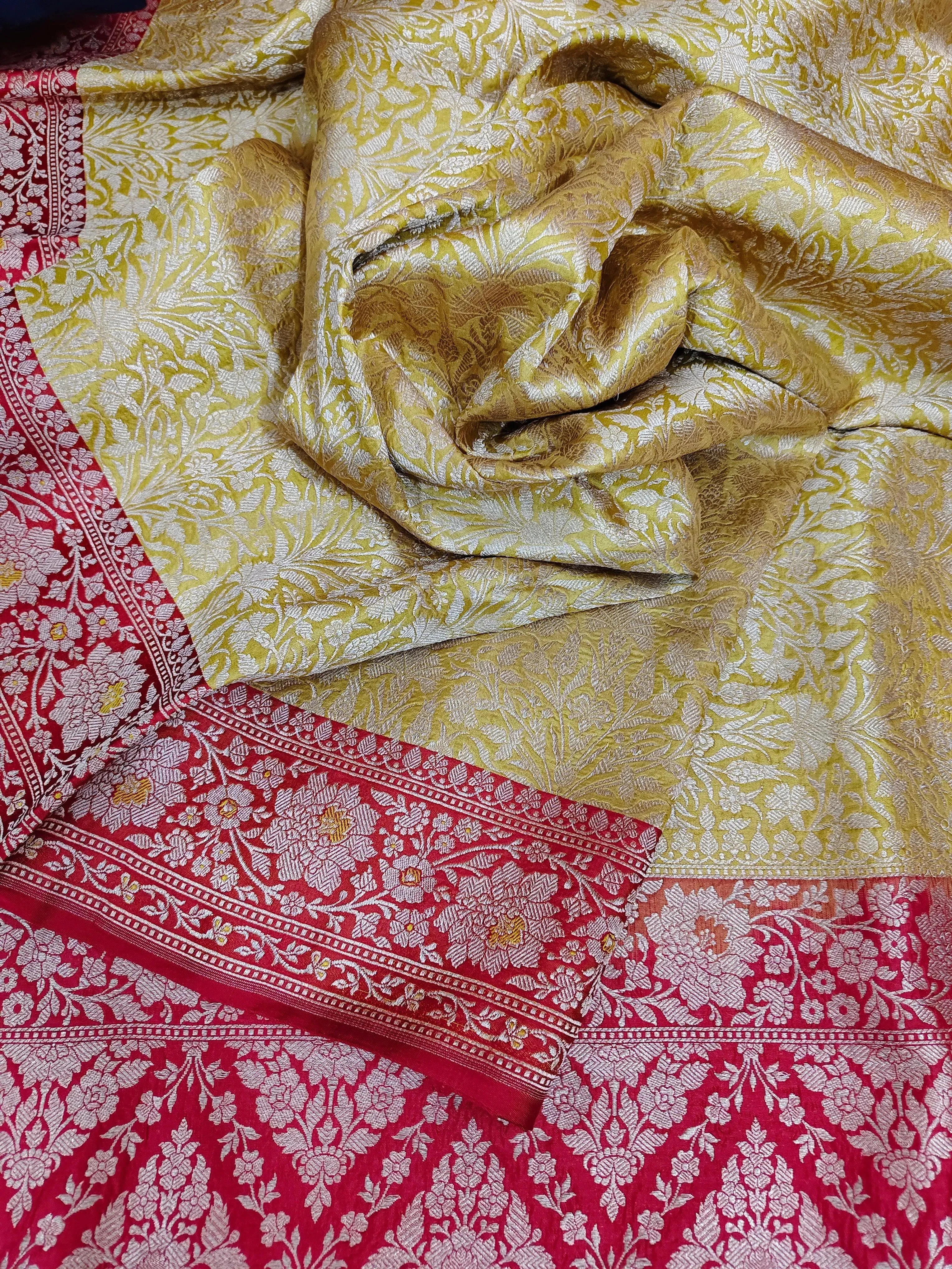 Golden Yellow Color Double Katan Tanchoi Banarasi with Meenakari Work