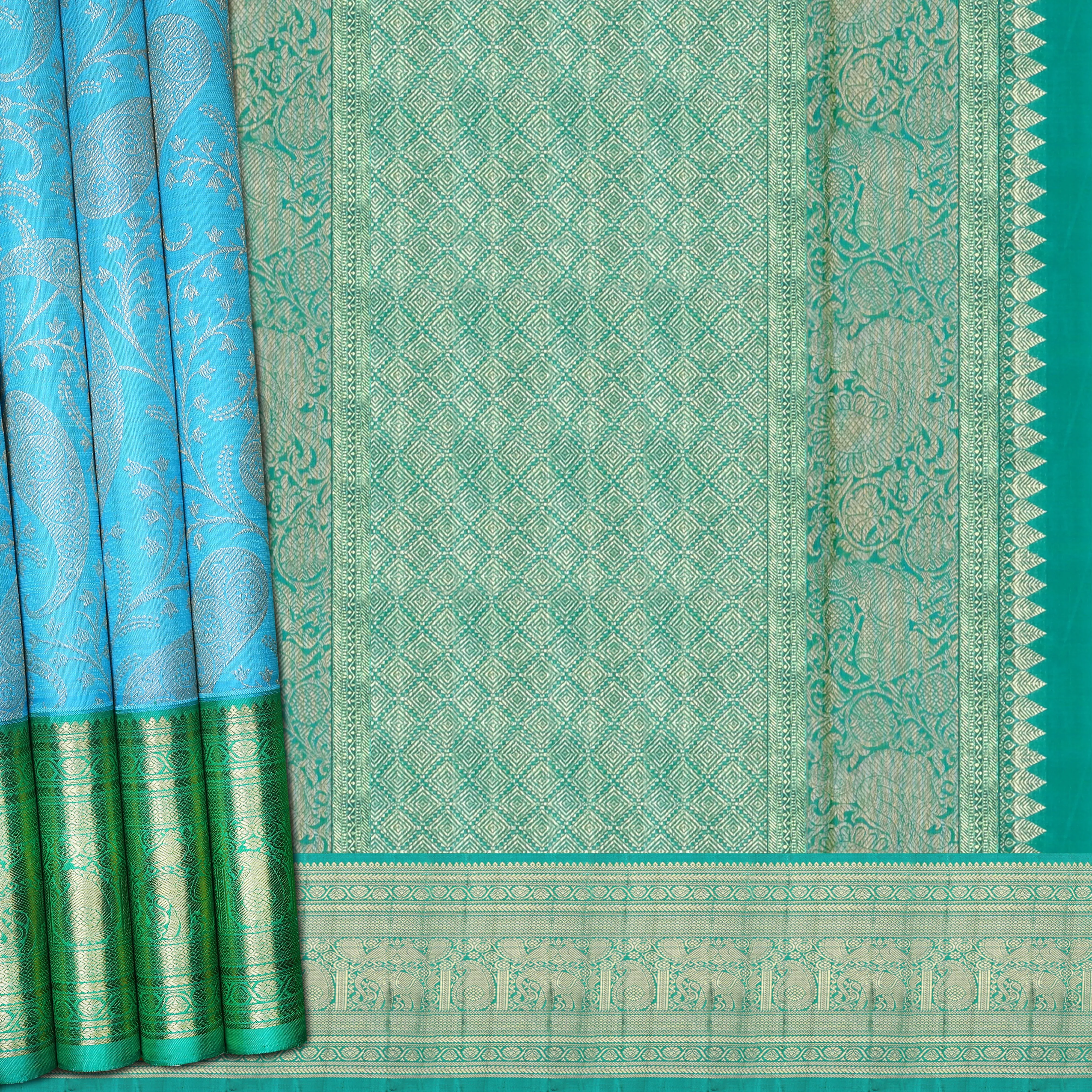 Handwoven Blue with Green Kanjivaram Silk Saree - 1848T002923DSC