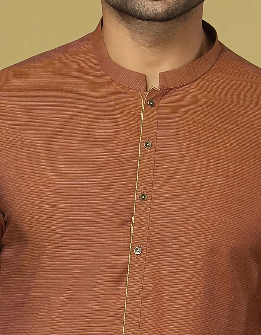 J. Mens Rust Brown Cotton Casual 2-Piece Kurta   Trouser