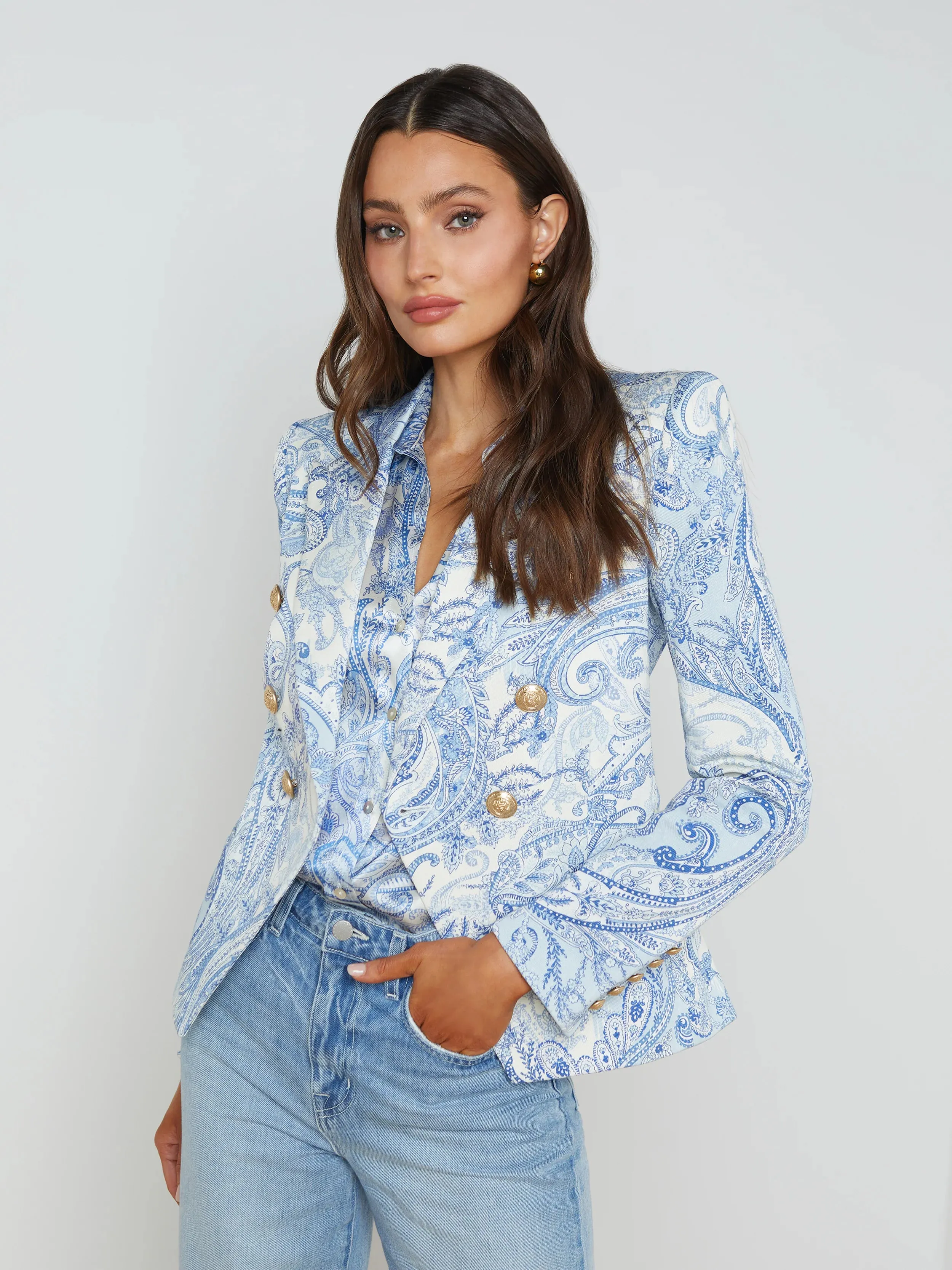 L’agence - Marie Slim Fit Blazer - Ivory/Blue Decorated Paisley