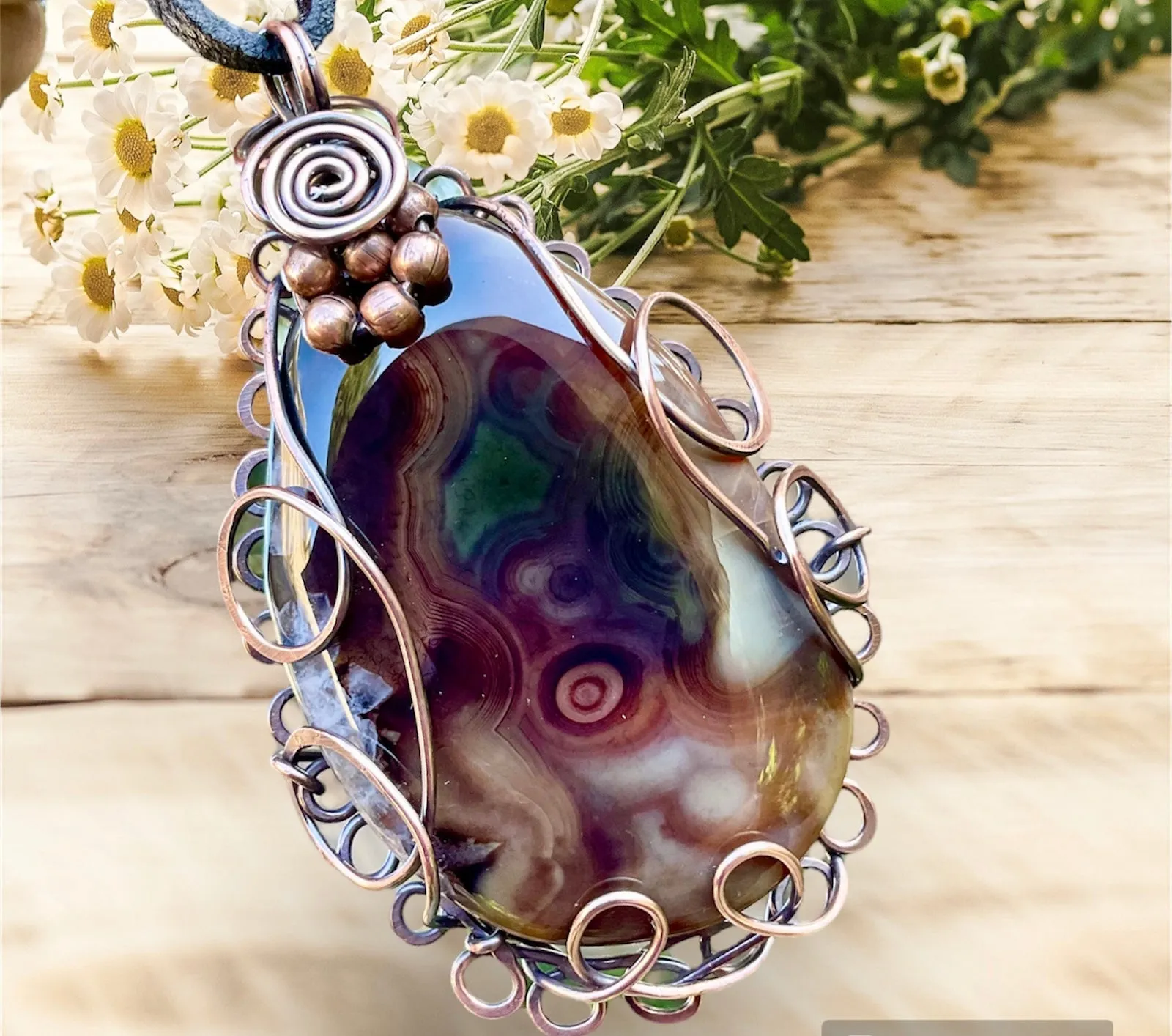 Large Druzy Geode Madagascan Agate Wire Wrapped Pendant