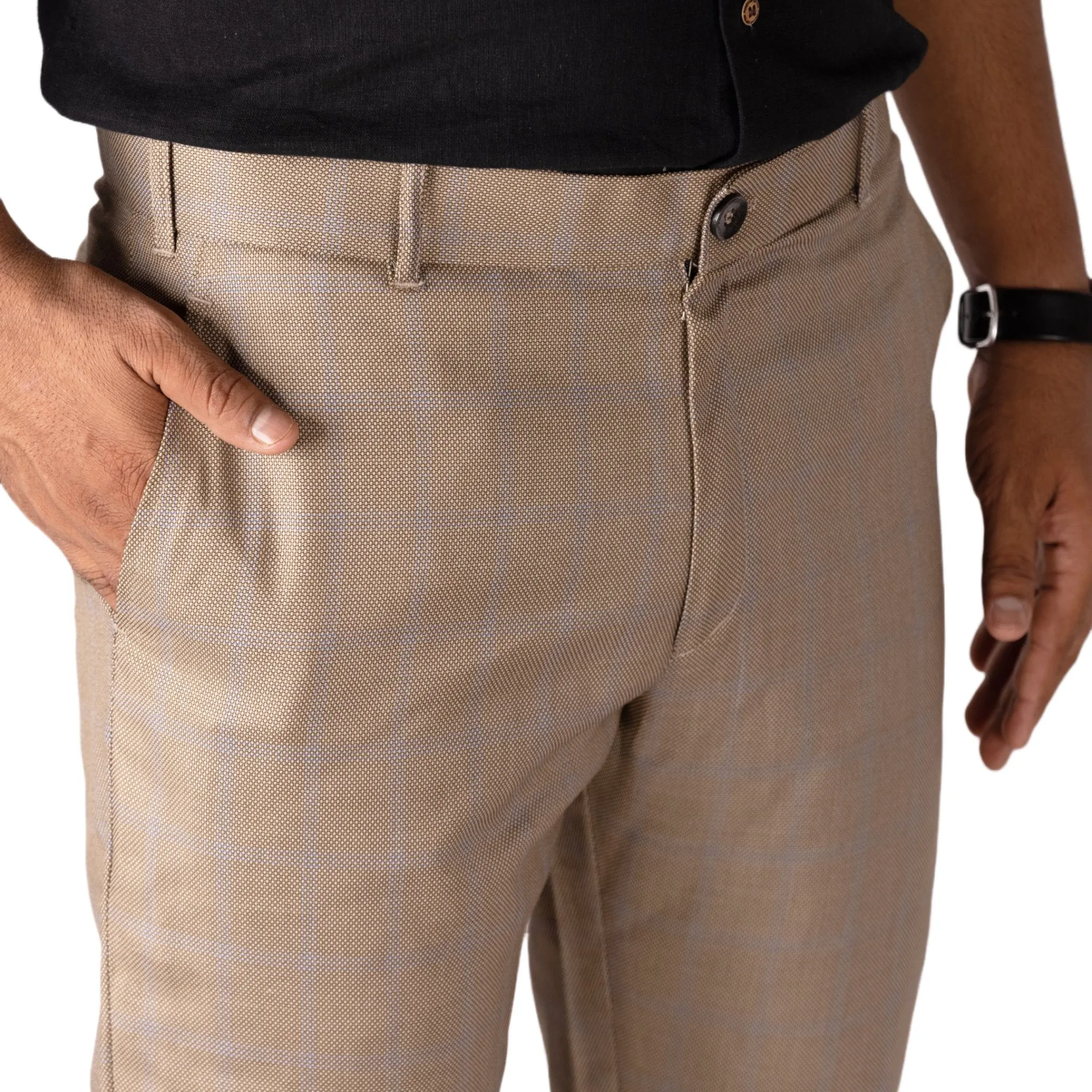 Latte color check blend cotton trousers pant for men