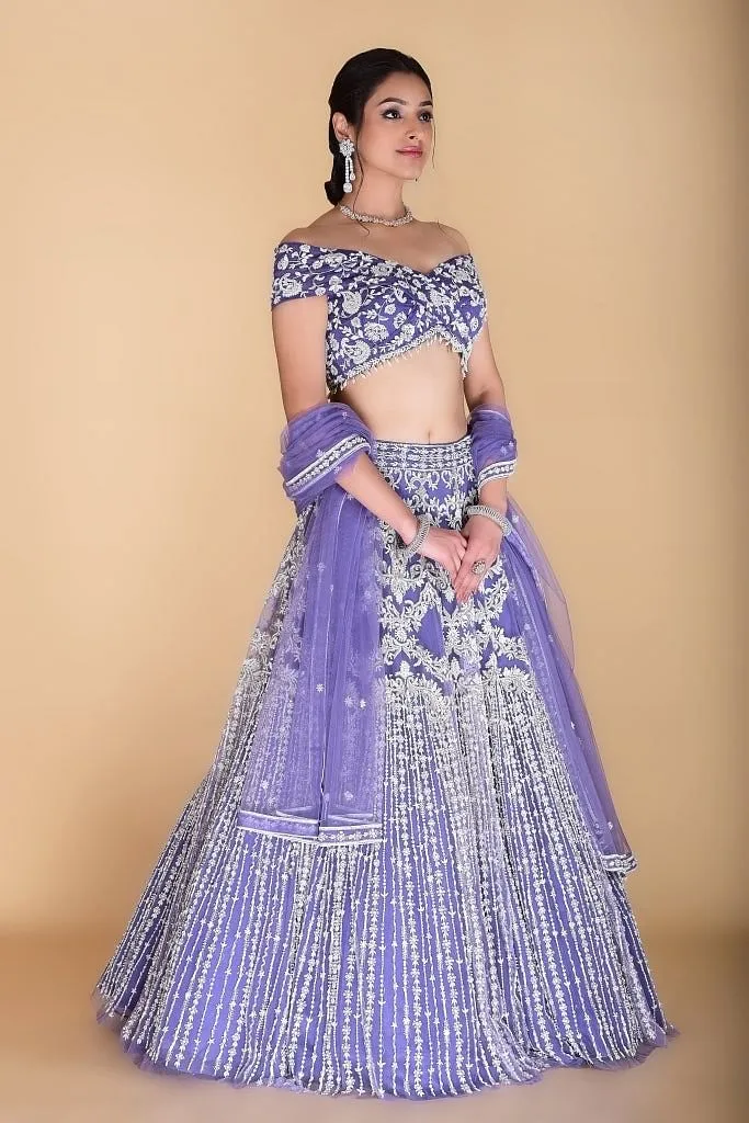 Light violet embroidered Lehenga set.