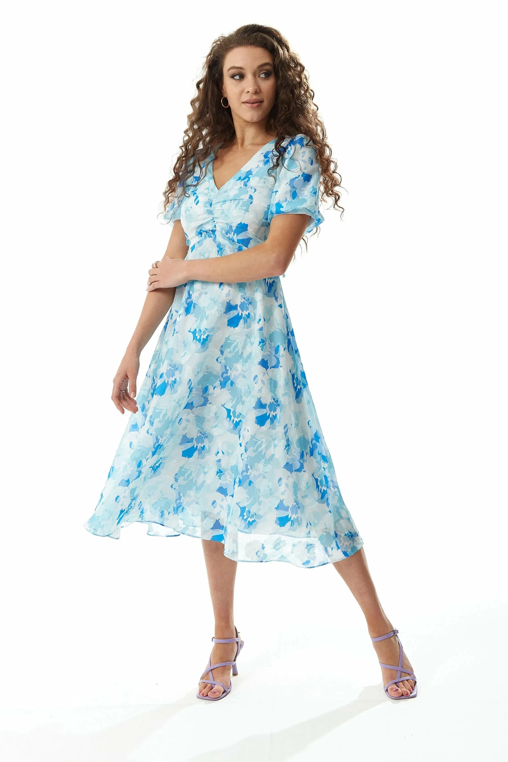 Liquorish Blue Floral Midi Dress With Short Sleeves