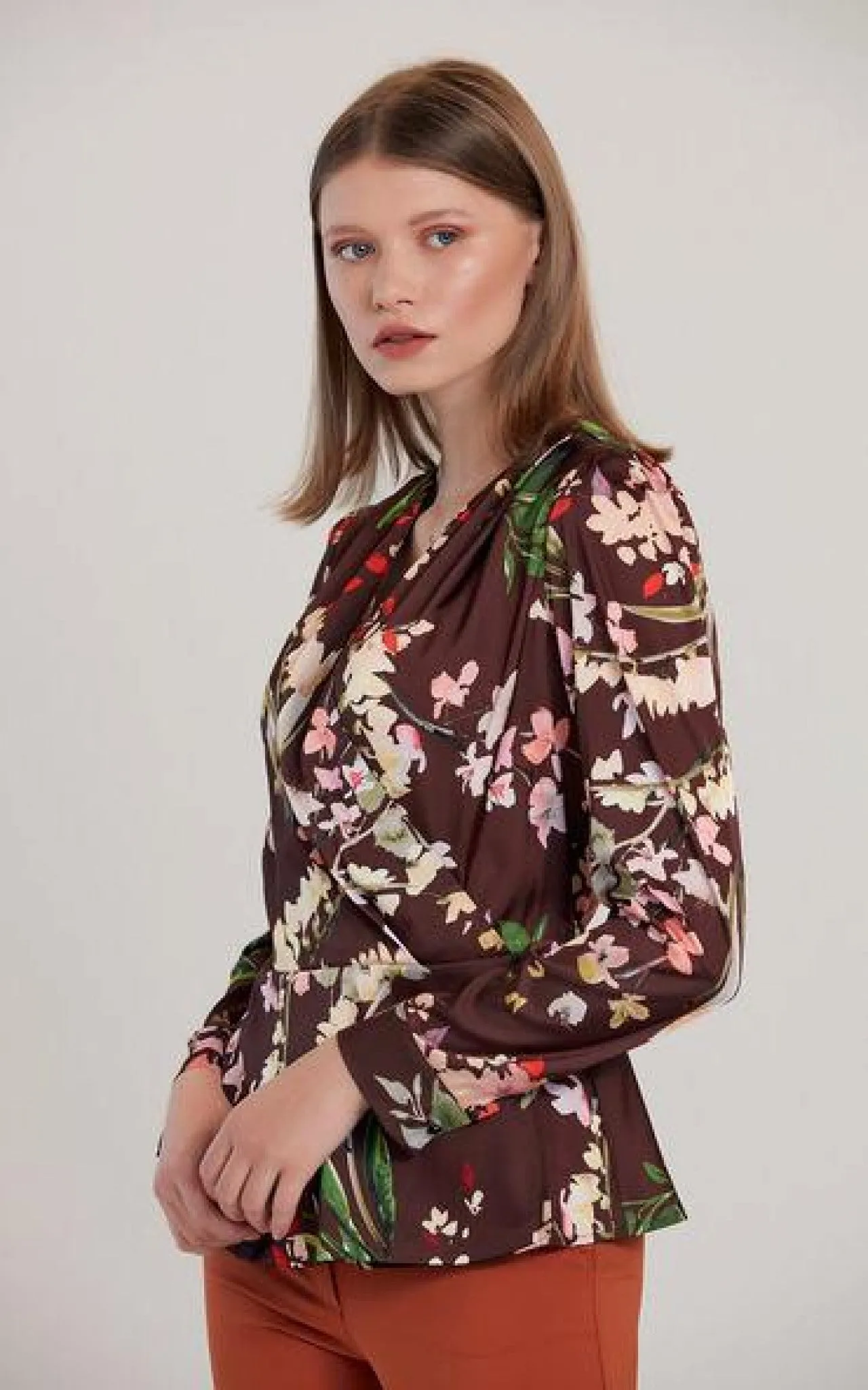 Love And Joy London Peplum Brown Floral Print Top