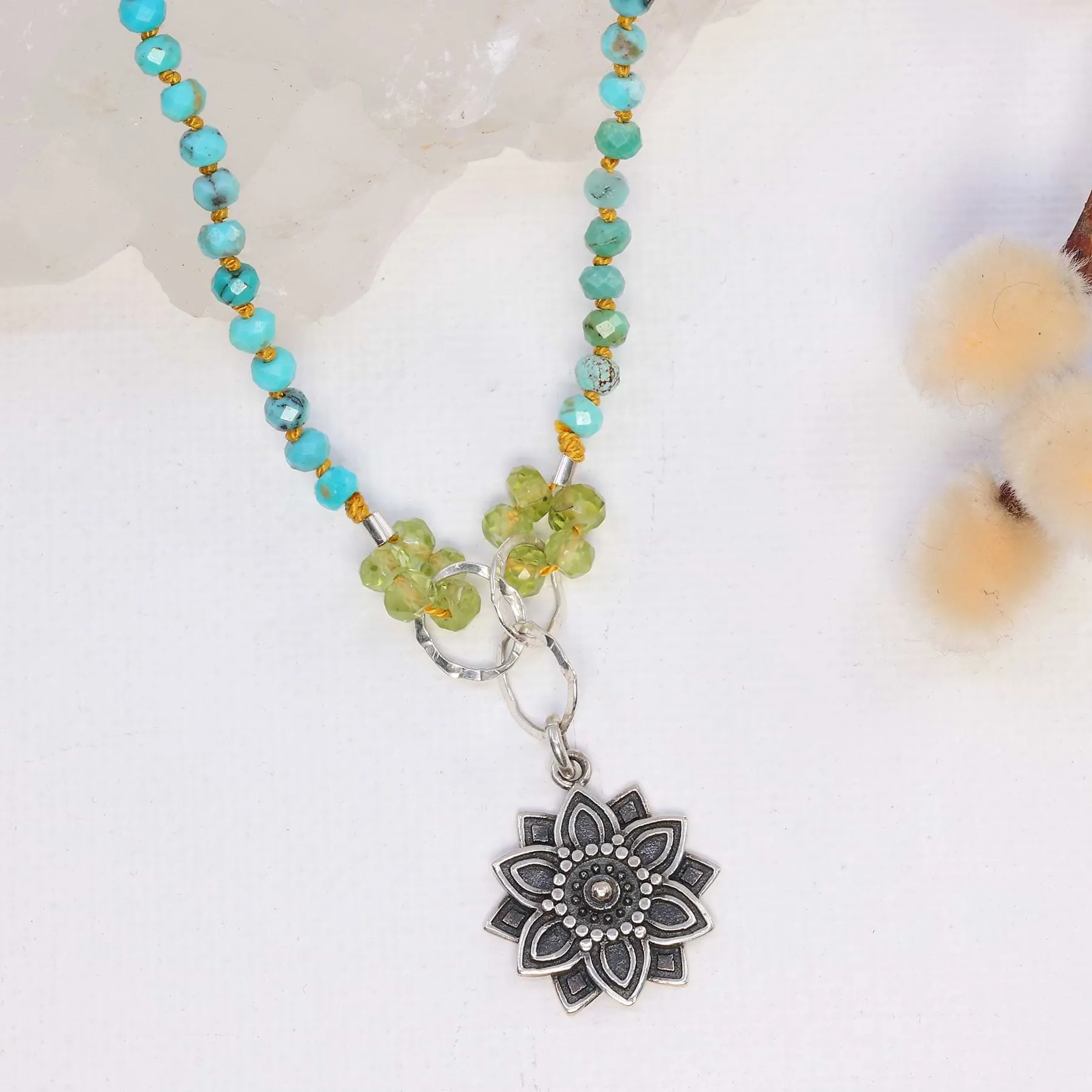 Mindfulness - Turquoise Peridot Silver Mandala Pendant Necklace