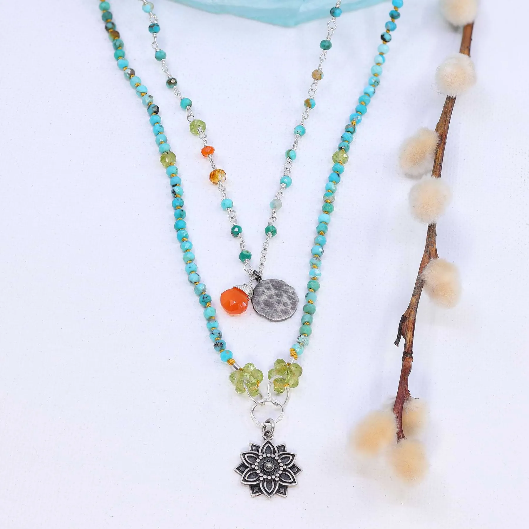 Mindfulness - Turquoise Peridot Silver Mandala Pendant Necklace