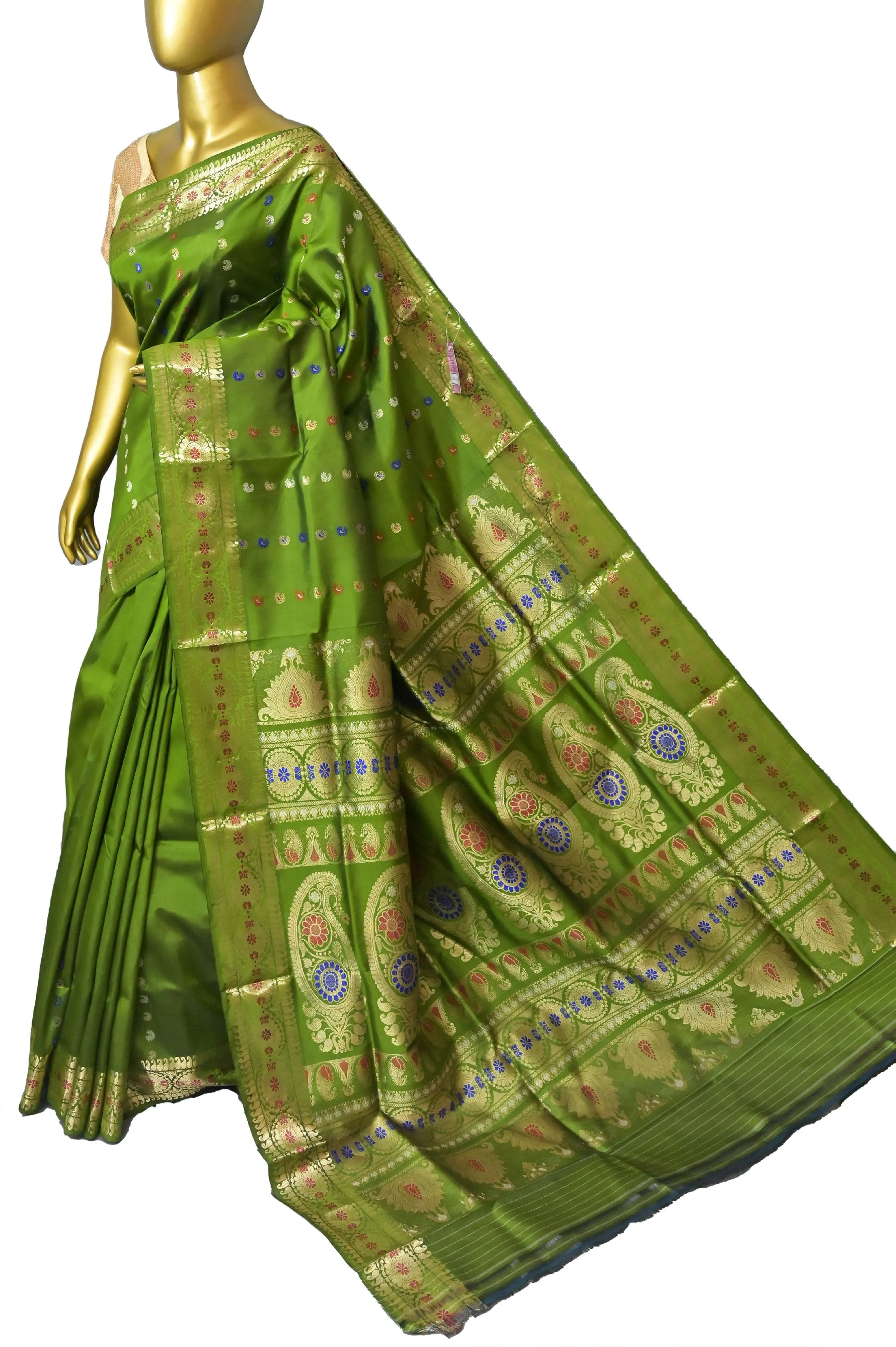 Moss Green Color Golani Revival Baluchari Silk Saree with Meenakari Buti Work