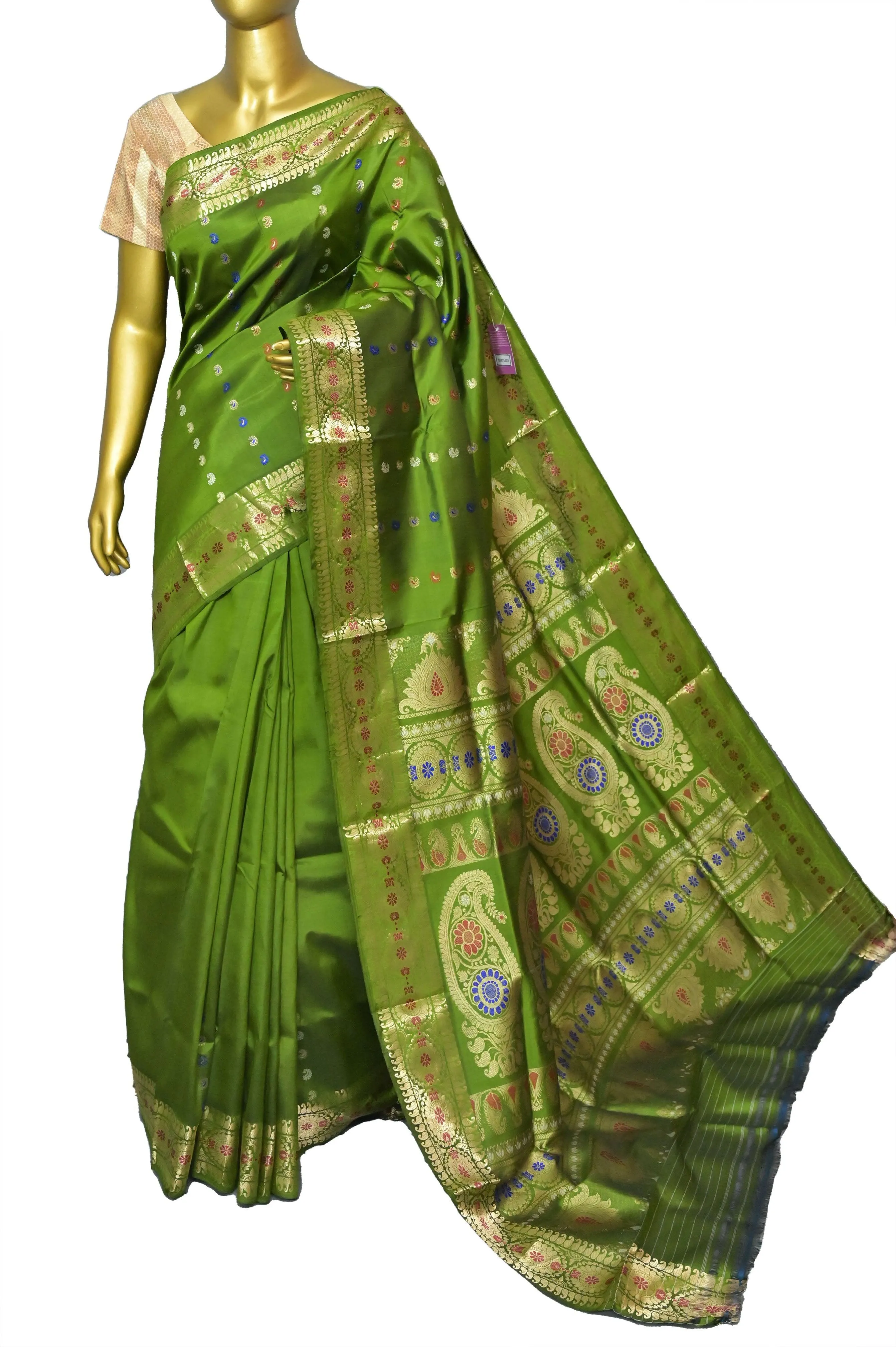 Moss Green Color Golani Revival Baluchari Silk Saree with Meenakari Buti Work