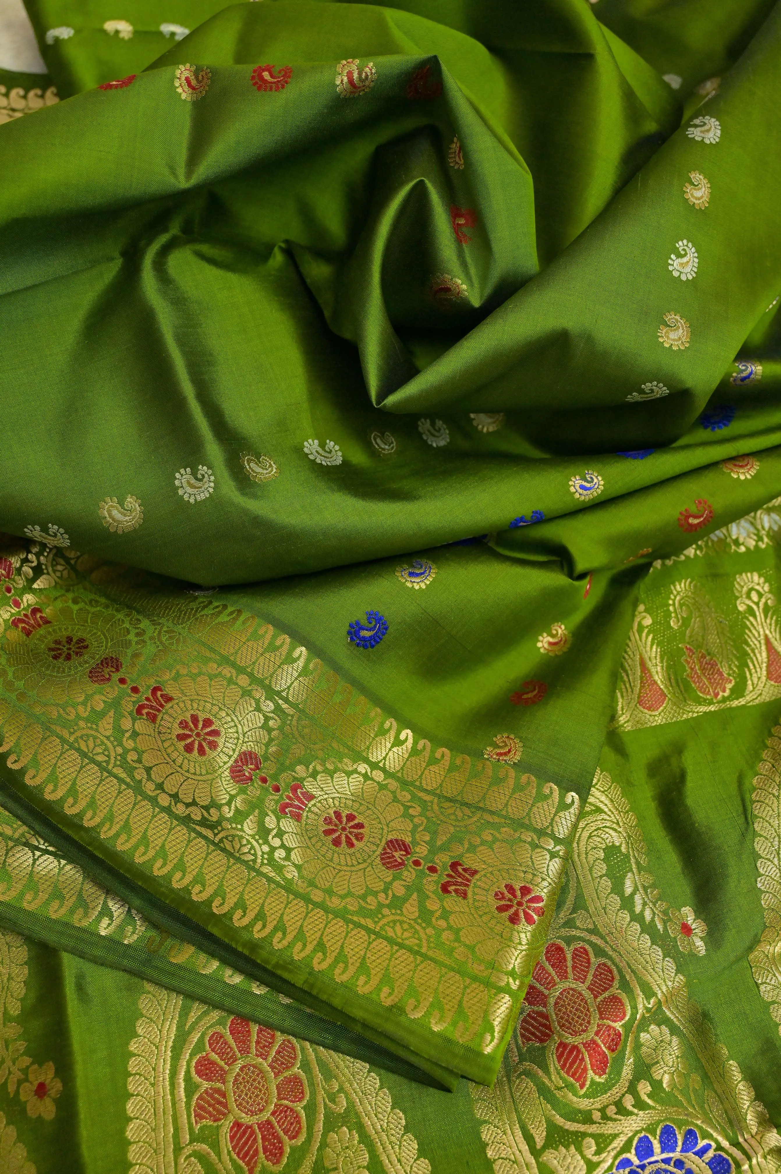 Moss Green Color Golani Revival Baluchari Silk Saree with Meenakari Buti Work