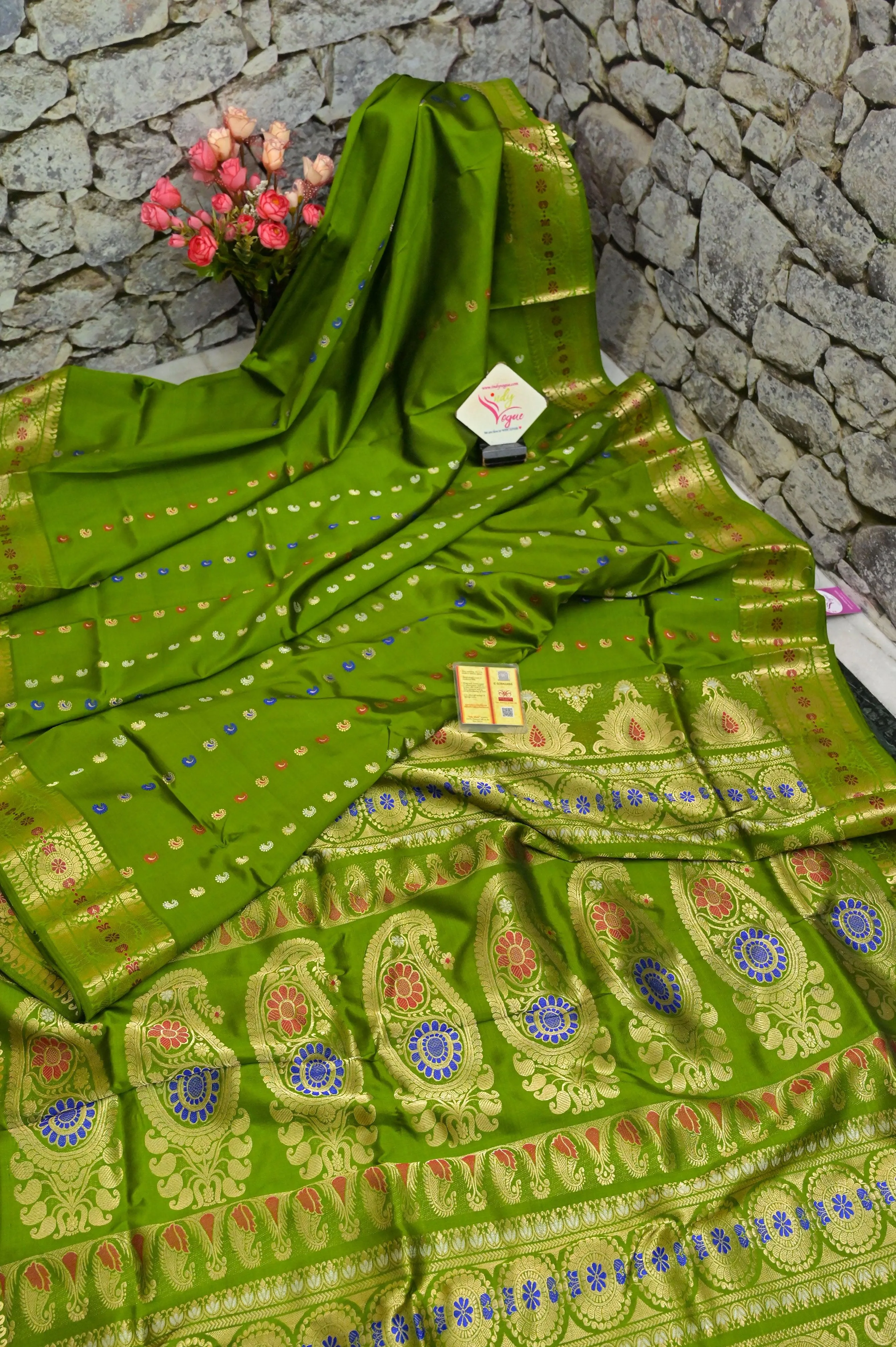 Moss Green Color Golani Revival Baluchari Silk Saree with Meenakari Buti Work