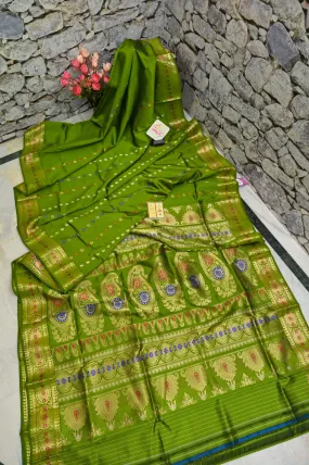 Moss Green Color Golani Revival Baluchari Silk Saree with Meenakari Buti Work