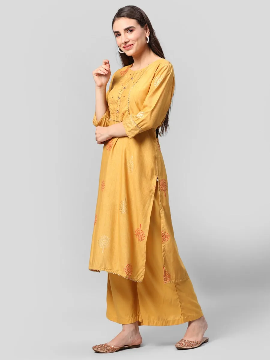 Mustard Ornamental Printed Kurta Palazzo Dupatta