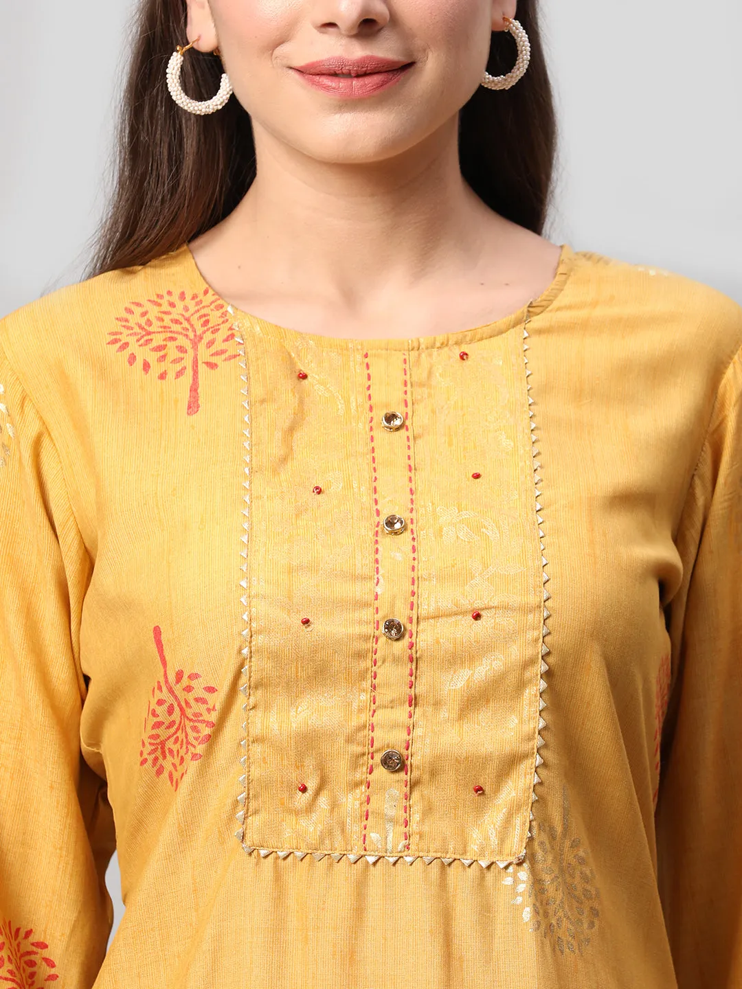 Mustard Ornamental Printed Kurta Palazzo Dupatta