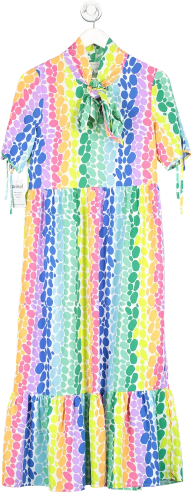 Never Fully Dressed Multicoloured Tie Neck Trapeze Dress In Rainbow Polka Dot UK 8