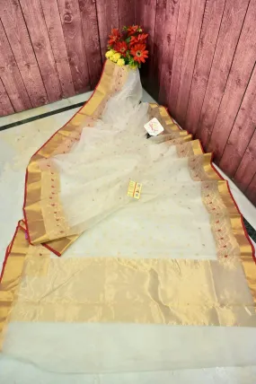 Offwhite Color Chanderi Silk Saree with Meenakari Border and Golden Buti Work