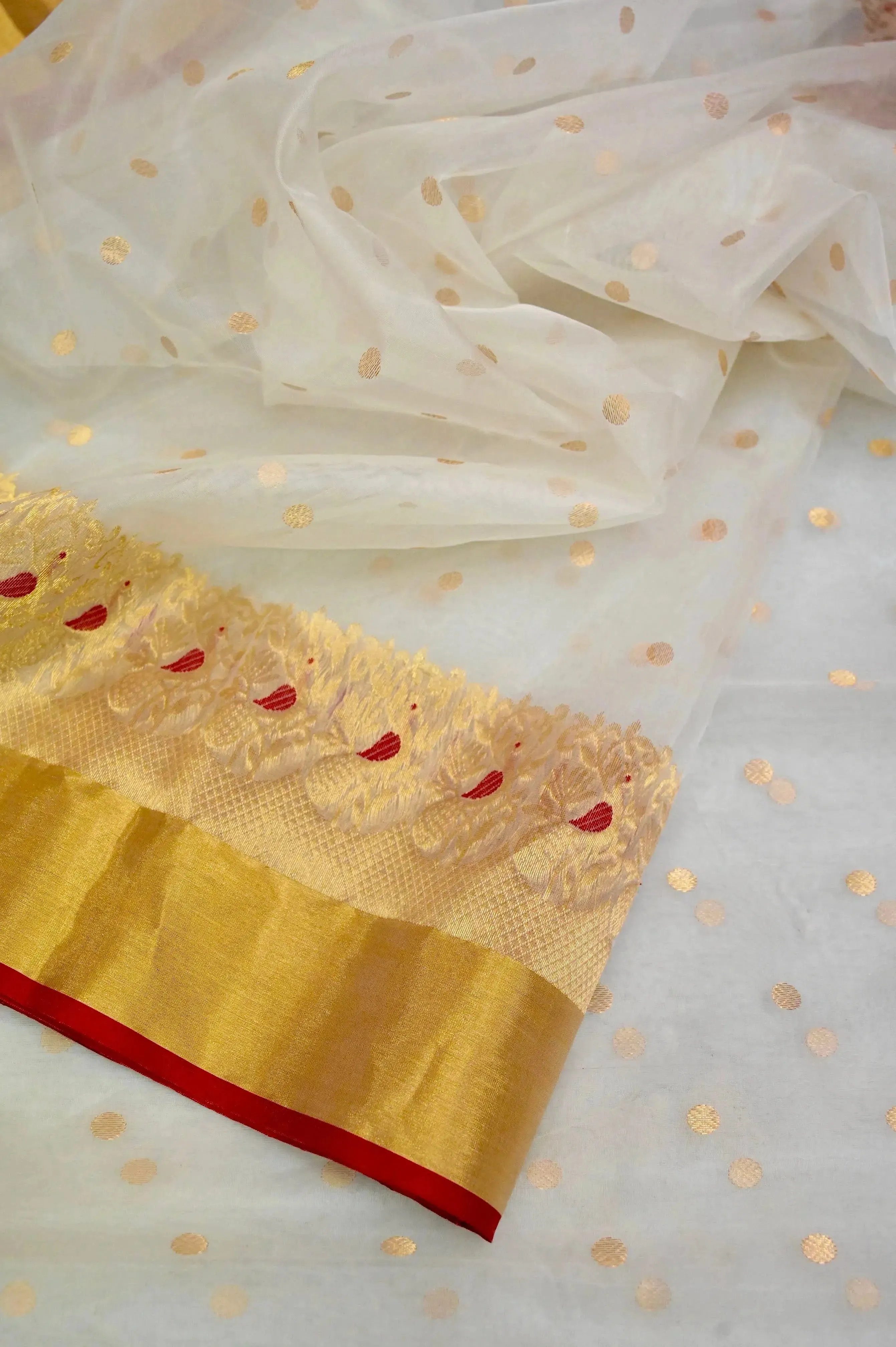 Offwhite Color Chanderi Silk Saree with Meenakari Border and Golden Buti Work