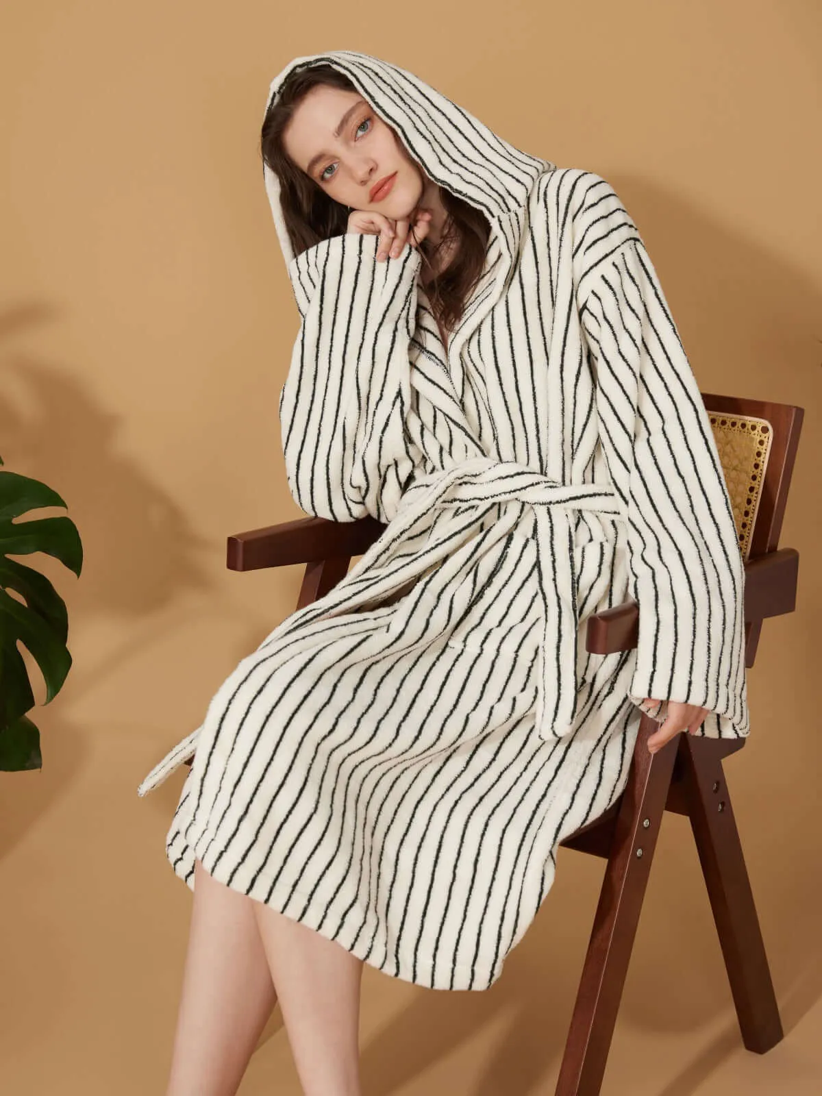 Organic Cotton Striped Bathrobe White