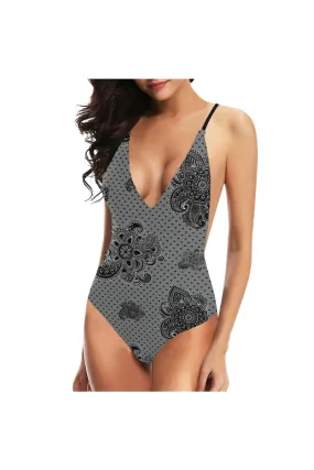 Paisley Hearts Sexy Lacing Backless One-Piece Swimsuit