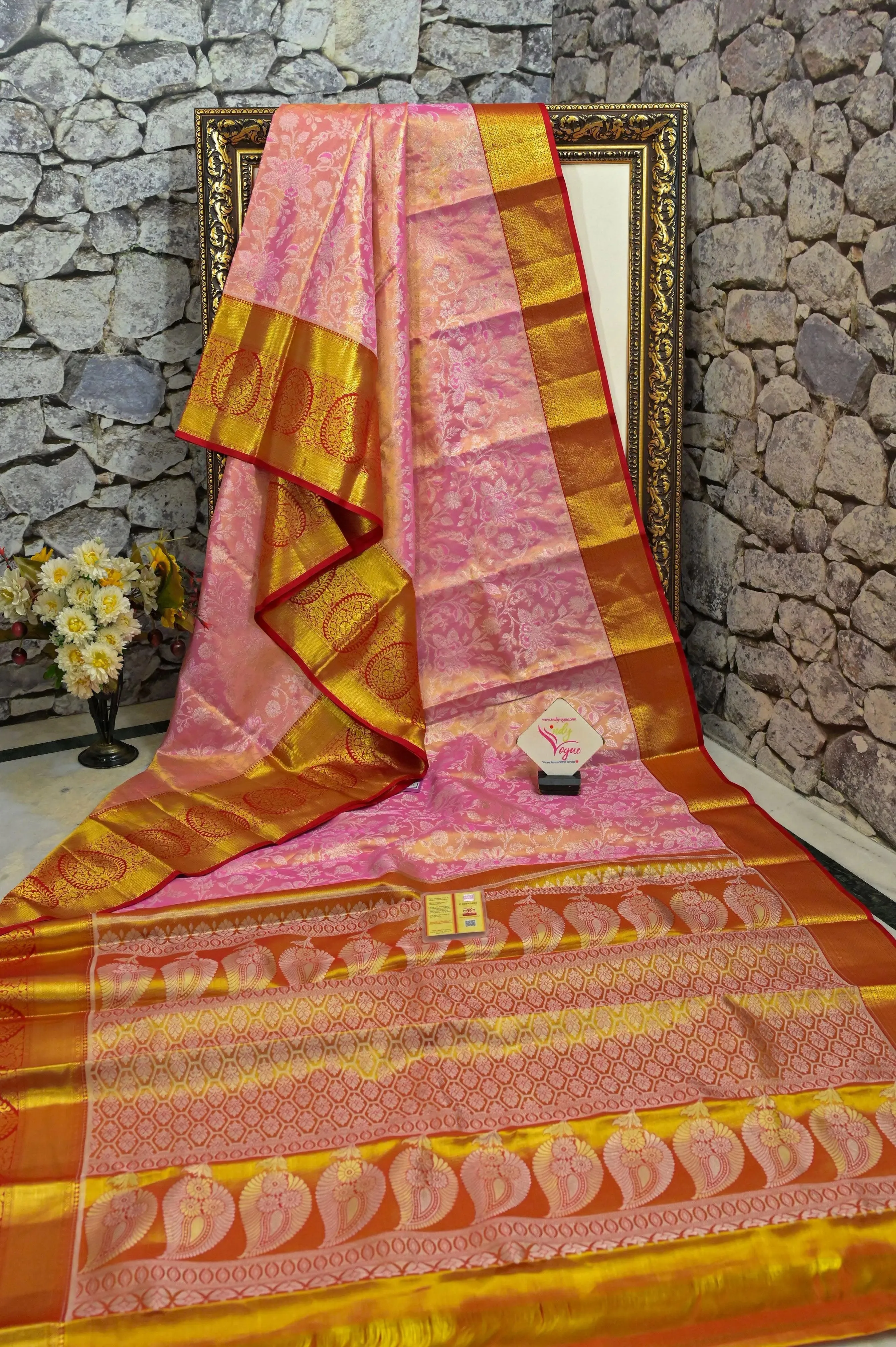 Pink Color Brocade Kanjeevaram Silk Saree with Broad Border