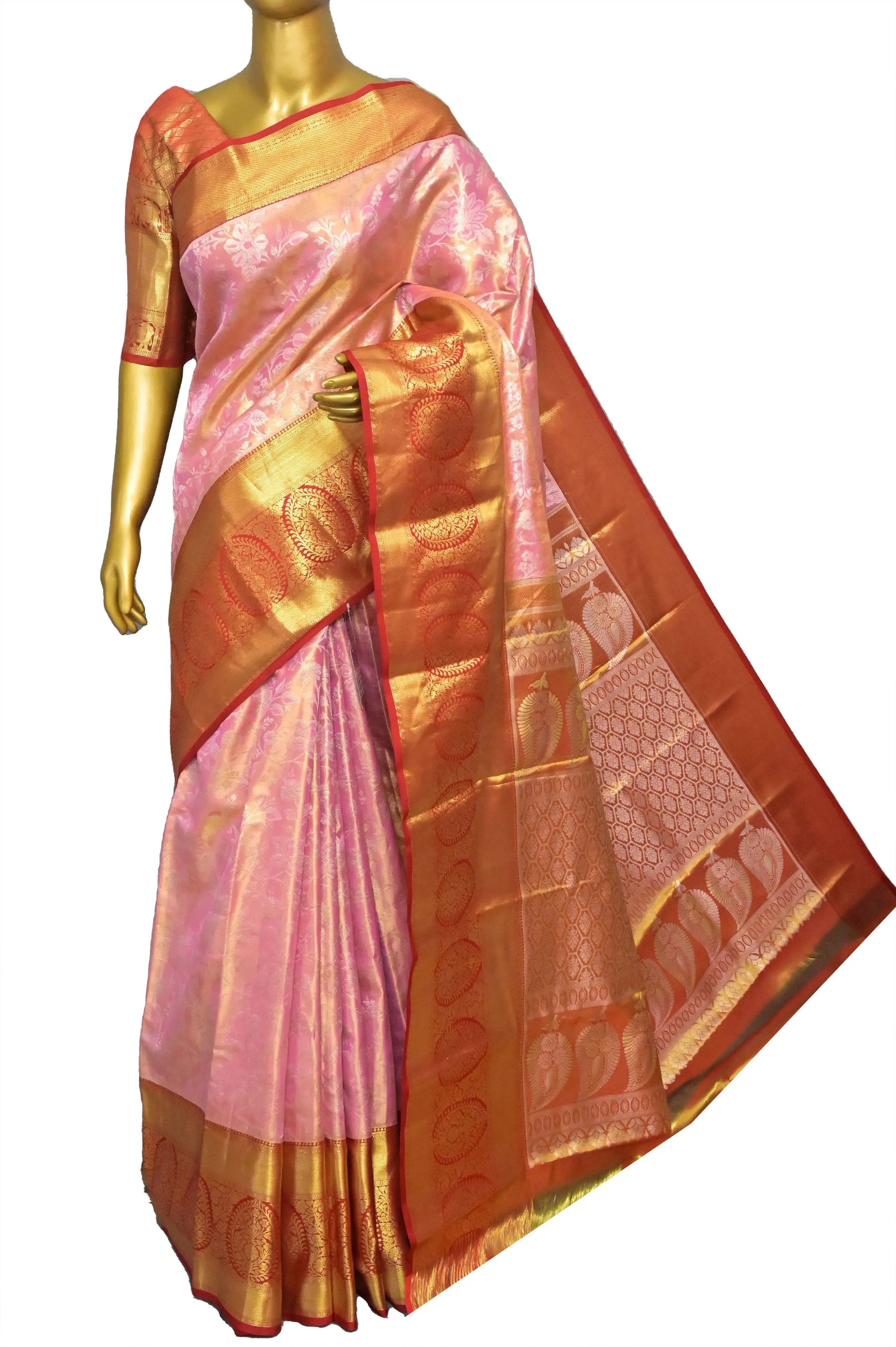 Pink Color Brocade Kanjeevaram Silk Saree with Broad Border