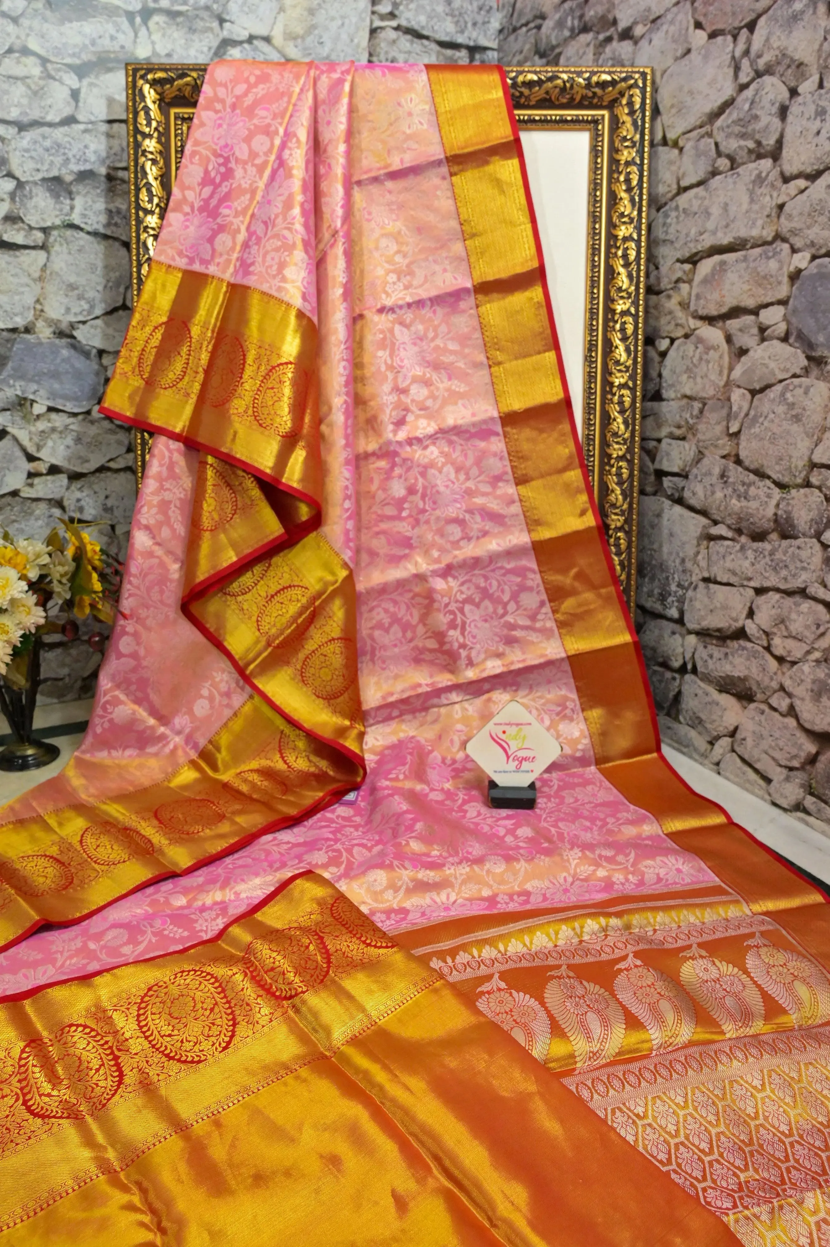 Pink Color Brocade Kanjeevaram Silk Saree with Broad Border