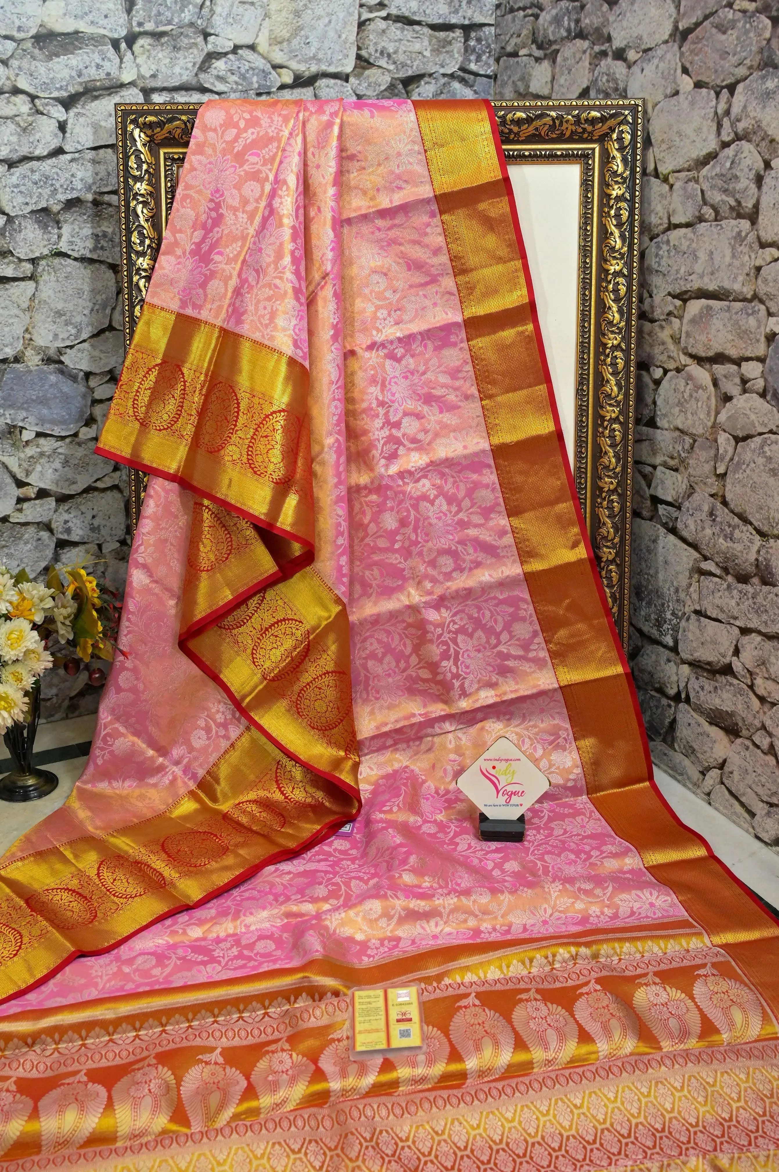 Pink Color Brocade Kanjeevaram Silk Saree with Broad Border