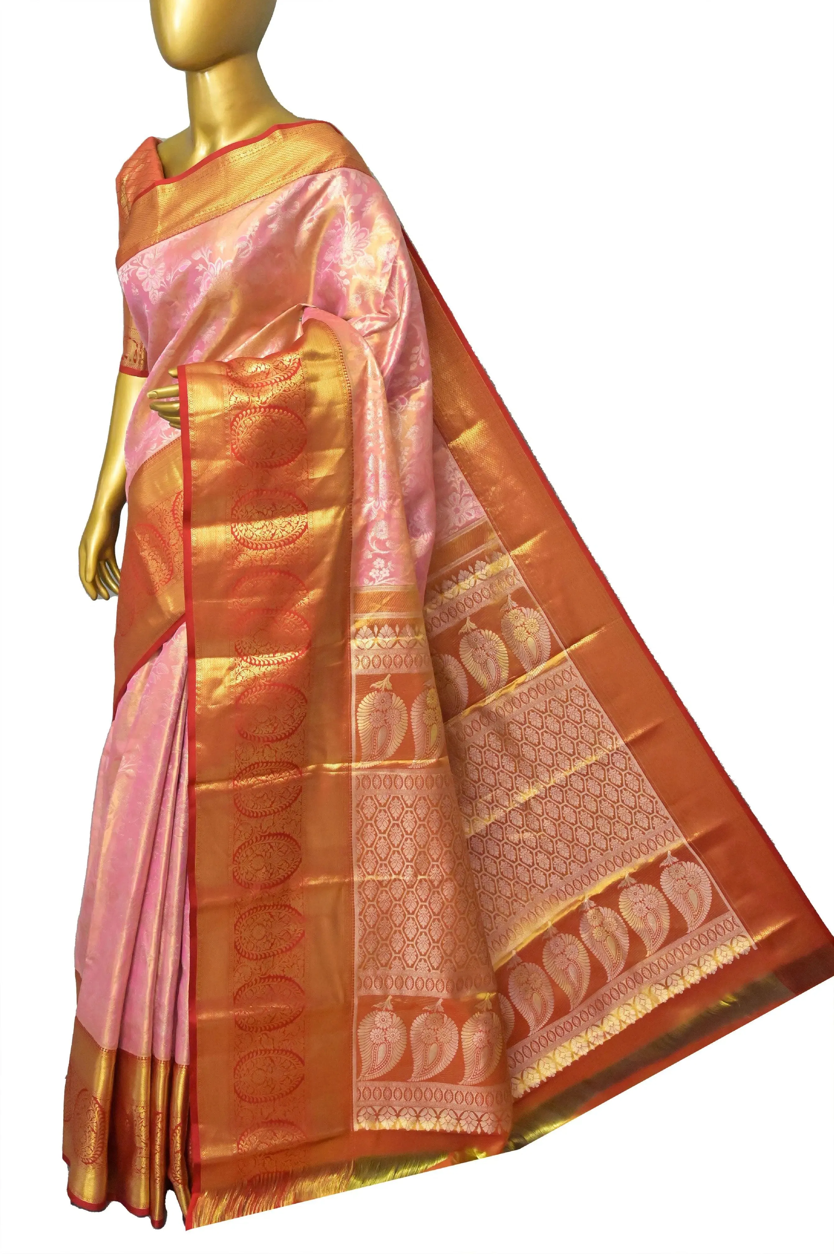 Pink Color Brocade Kanjeevaram Silk Saree with Broad Border